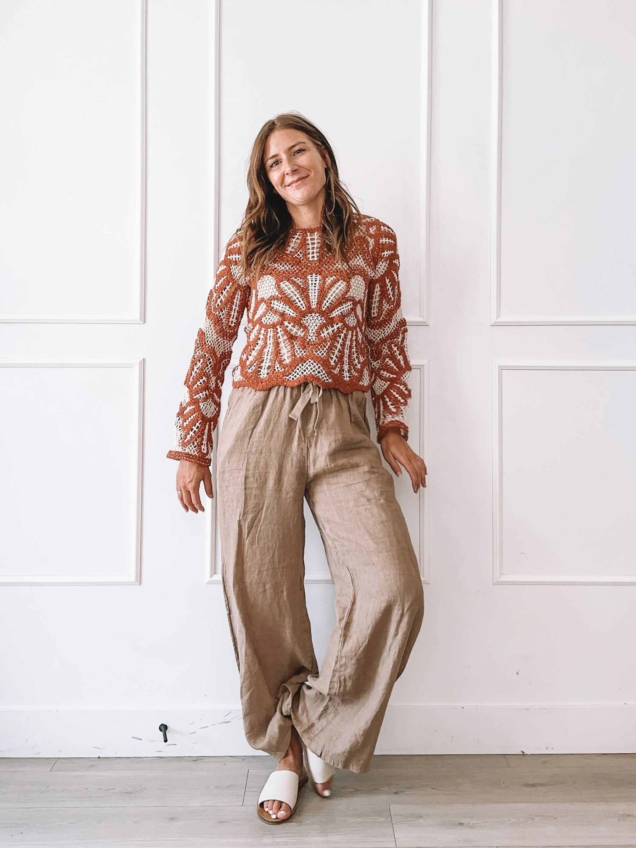 Everyday Summer Outfit Rust Crochet Sweater