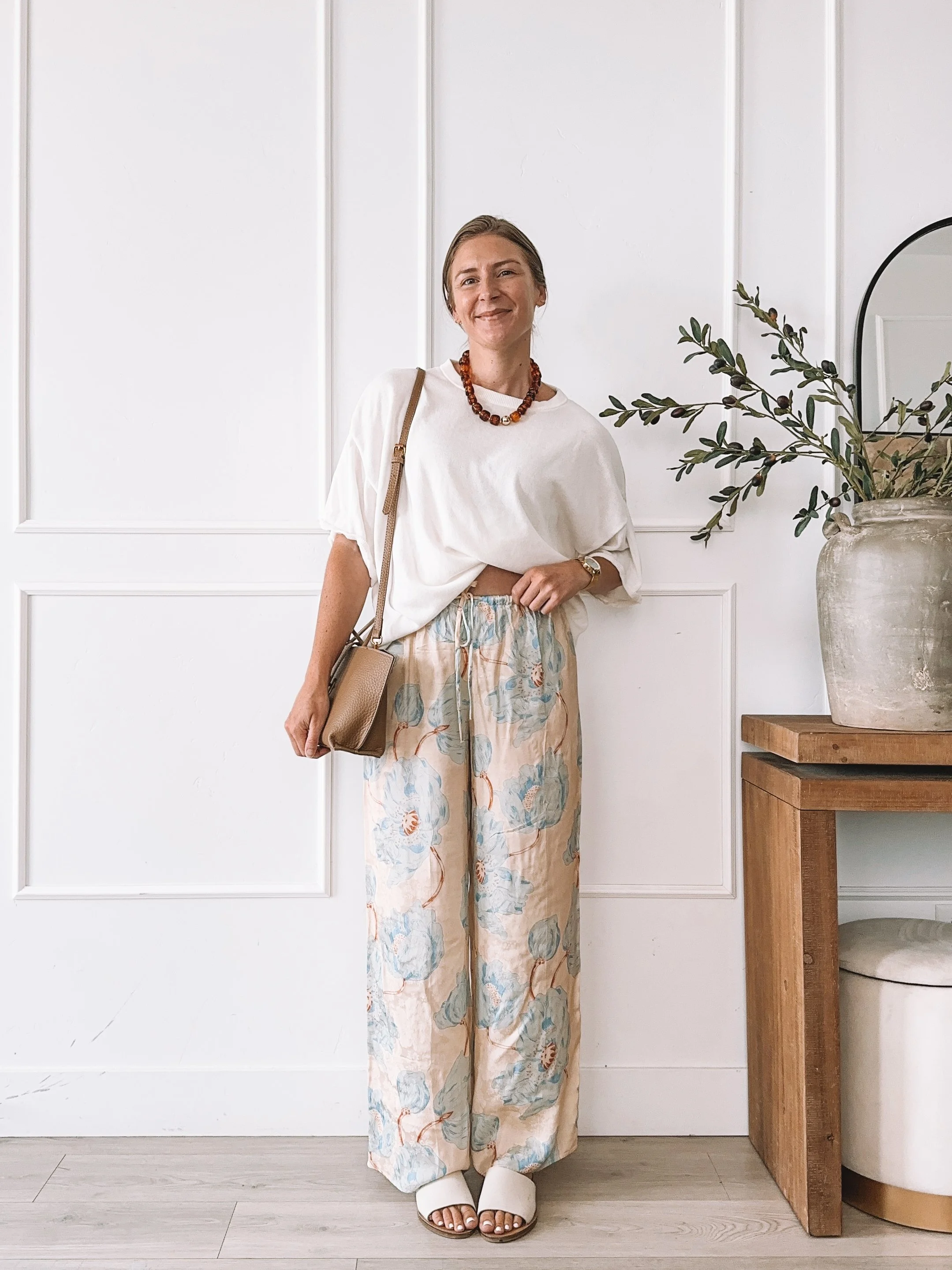 Floral wide leg pants outfit with oversized white tee for summer