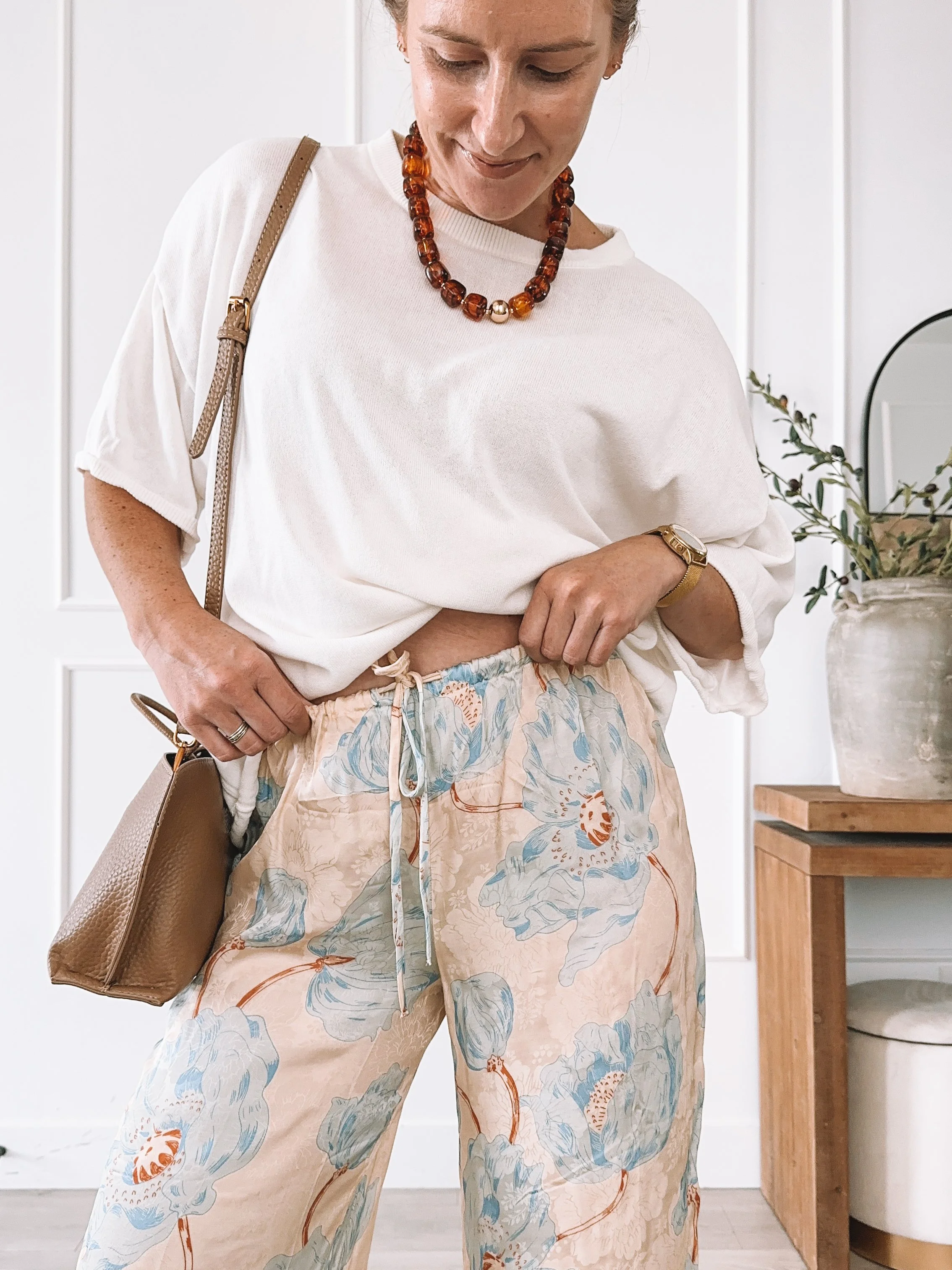 Floral wide leg pants outfit with oversized white tee for summer
