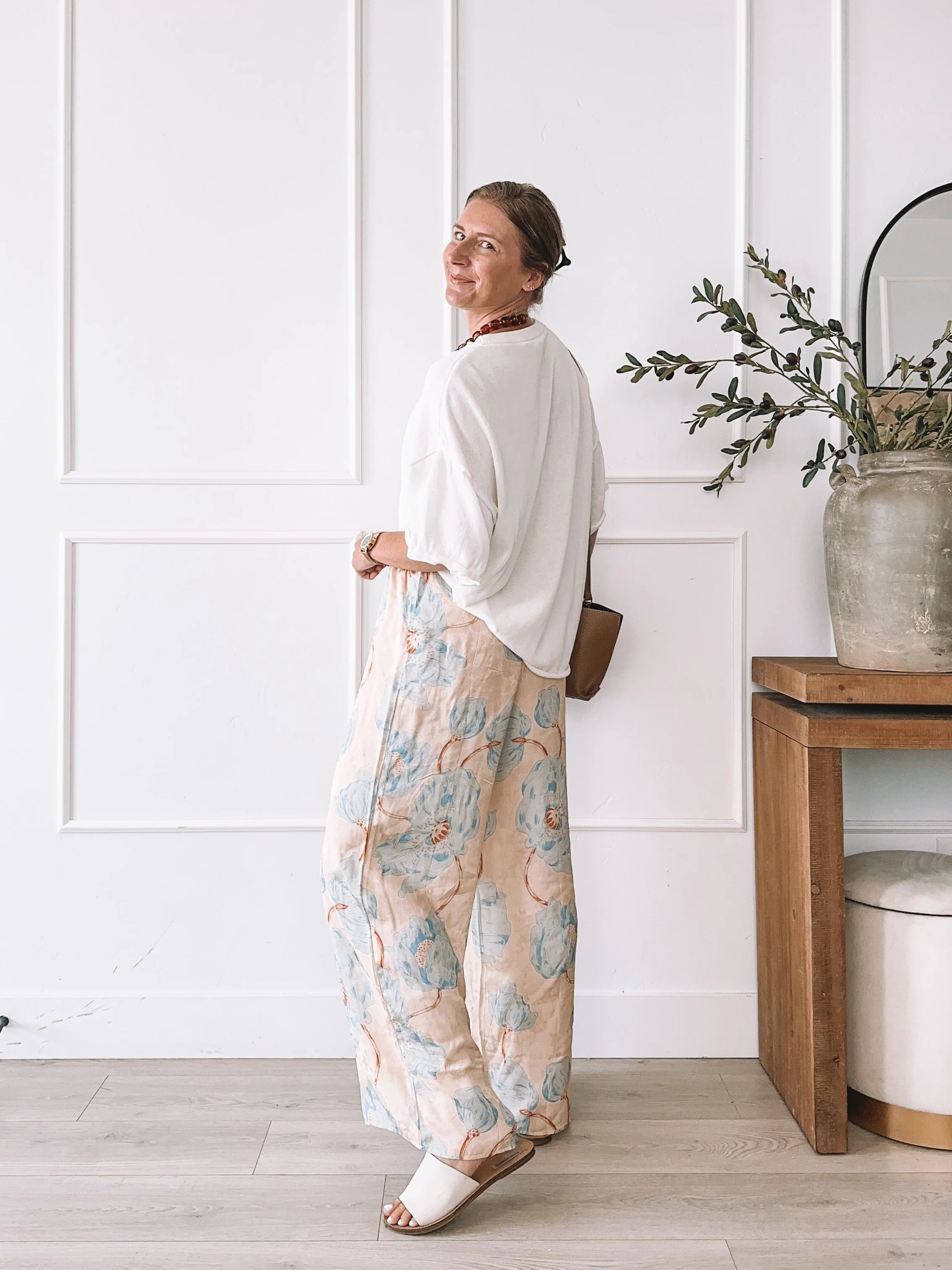 Floral wide leg pants outfit with oversized white tee for summer