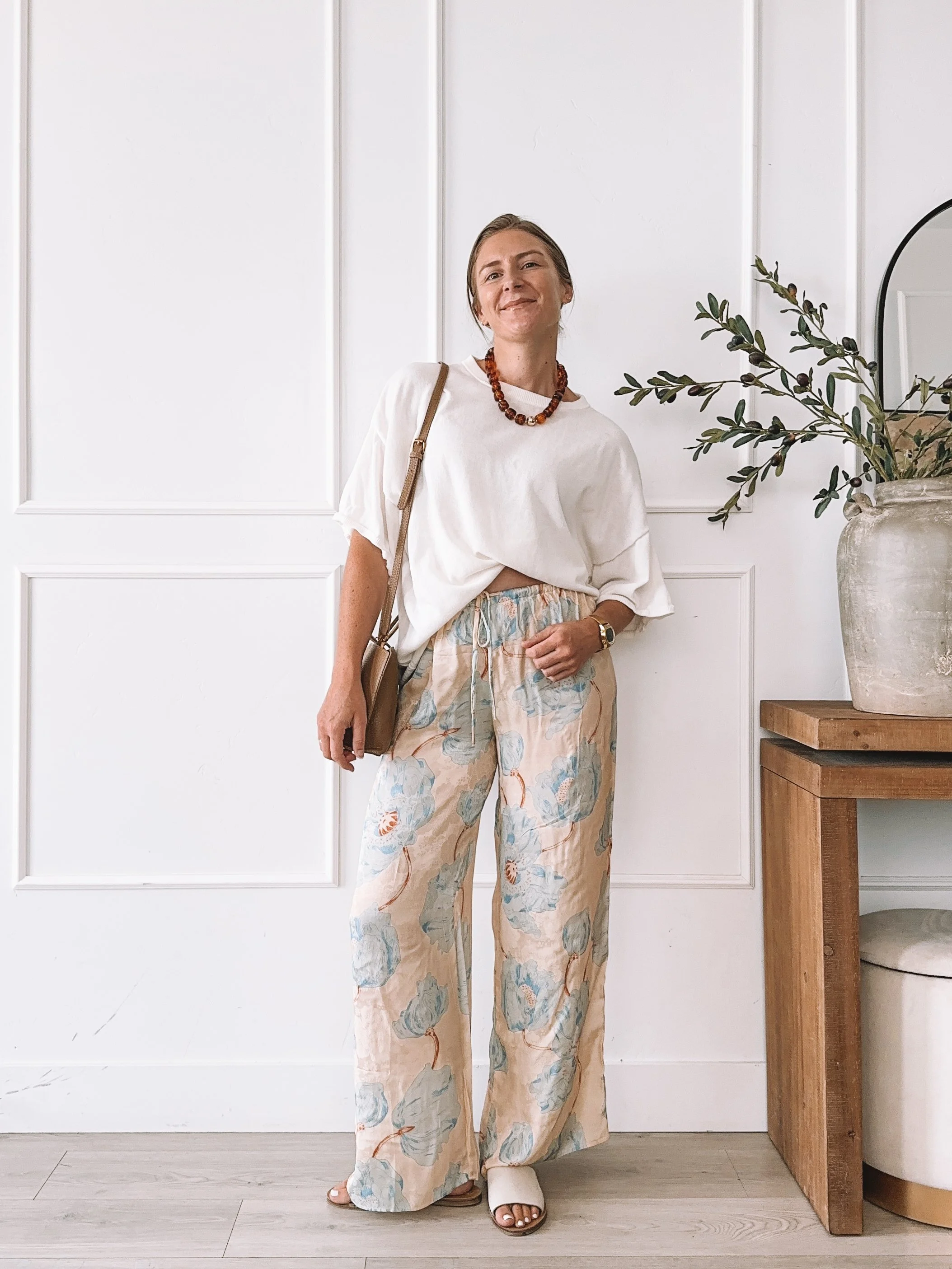 Floral wide leg pants outfit with oversized white tee for summer