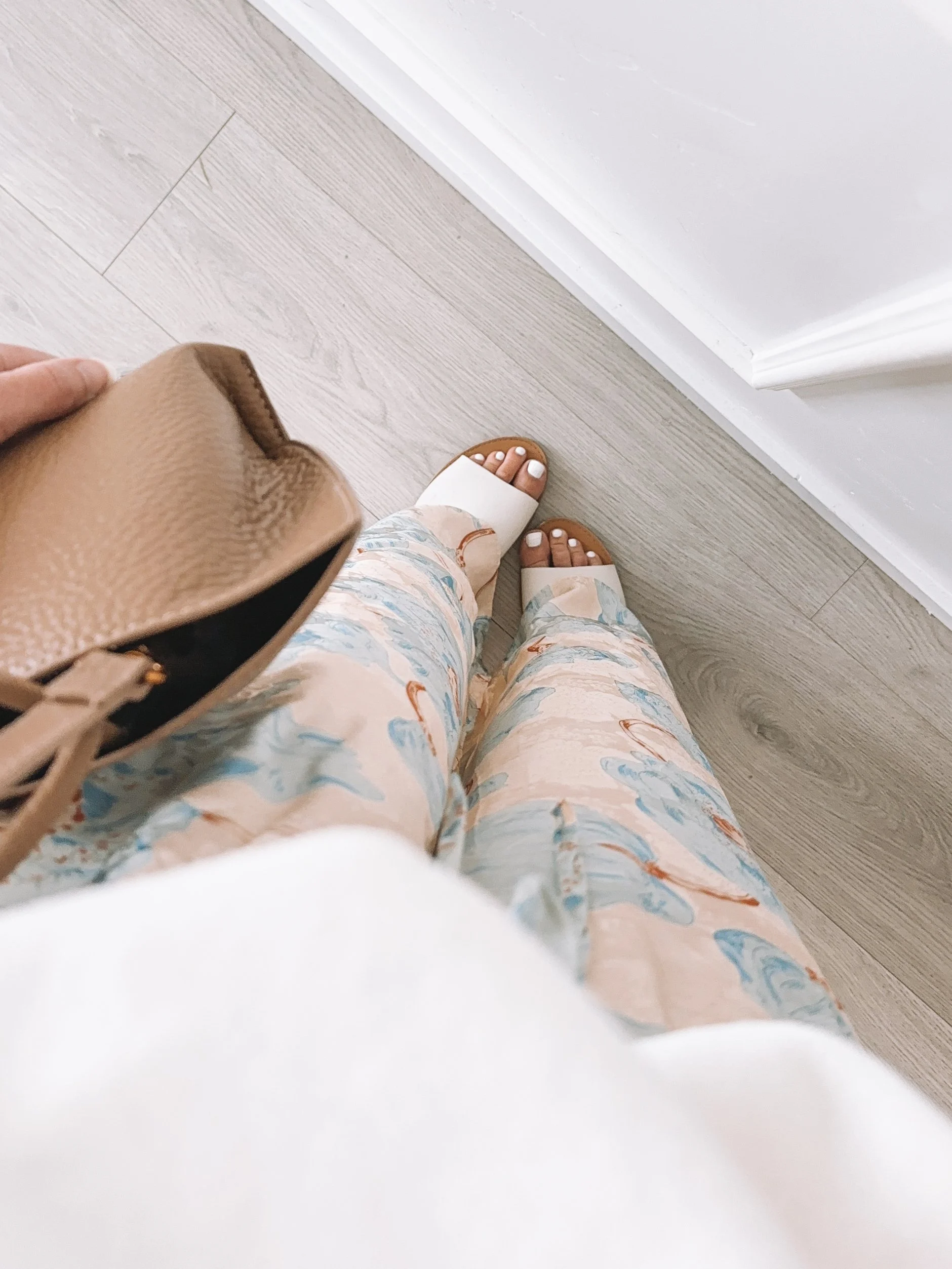 Floral wide leg pants outfit with oversized white tee for summer