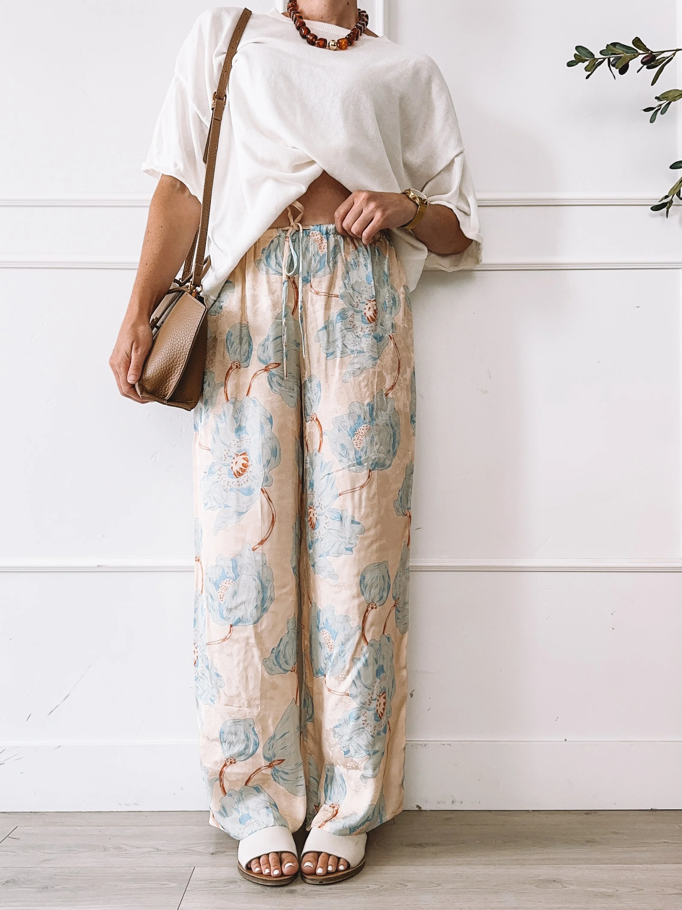 Floral wide leg pants outfit with oversized white tee for summer