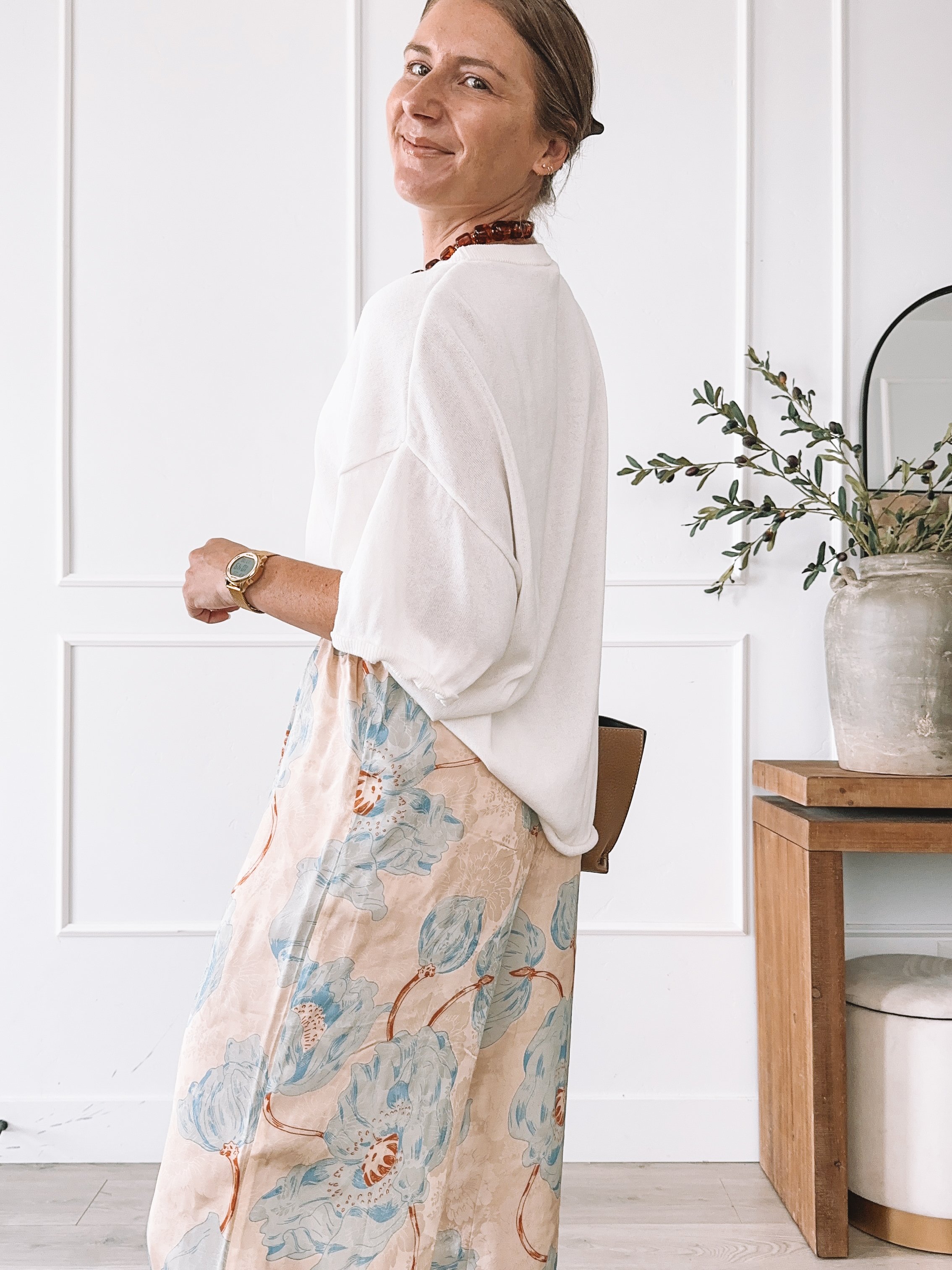 Floral wide leg pants outfit with oversized white tee for summer