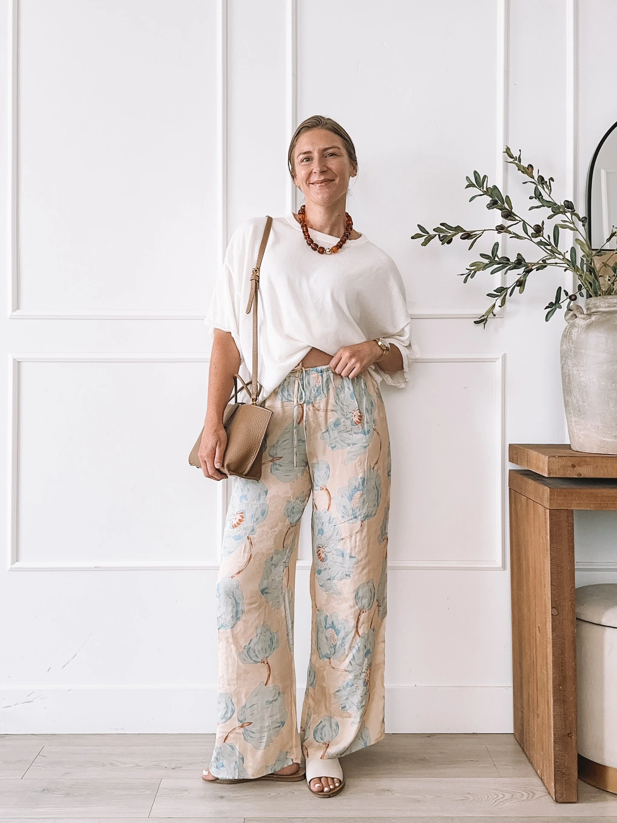 Floral wide leg pants outfit with oversized white tee for summer