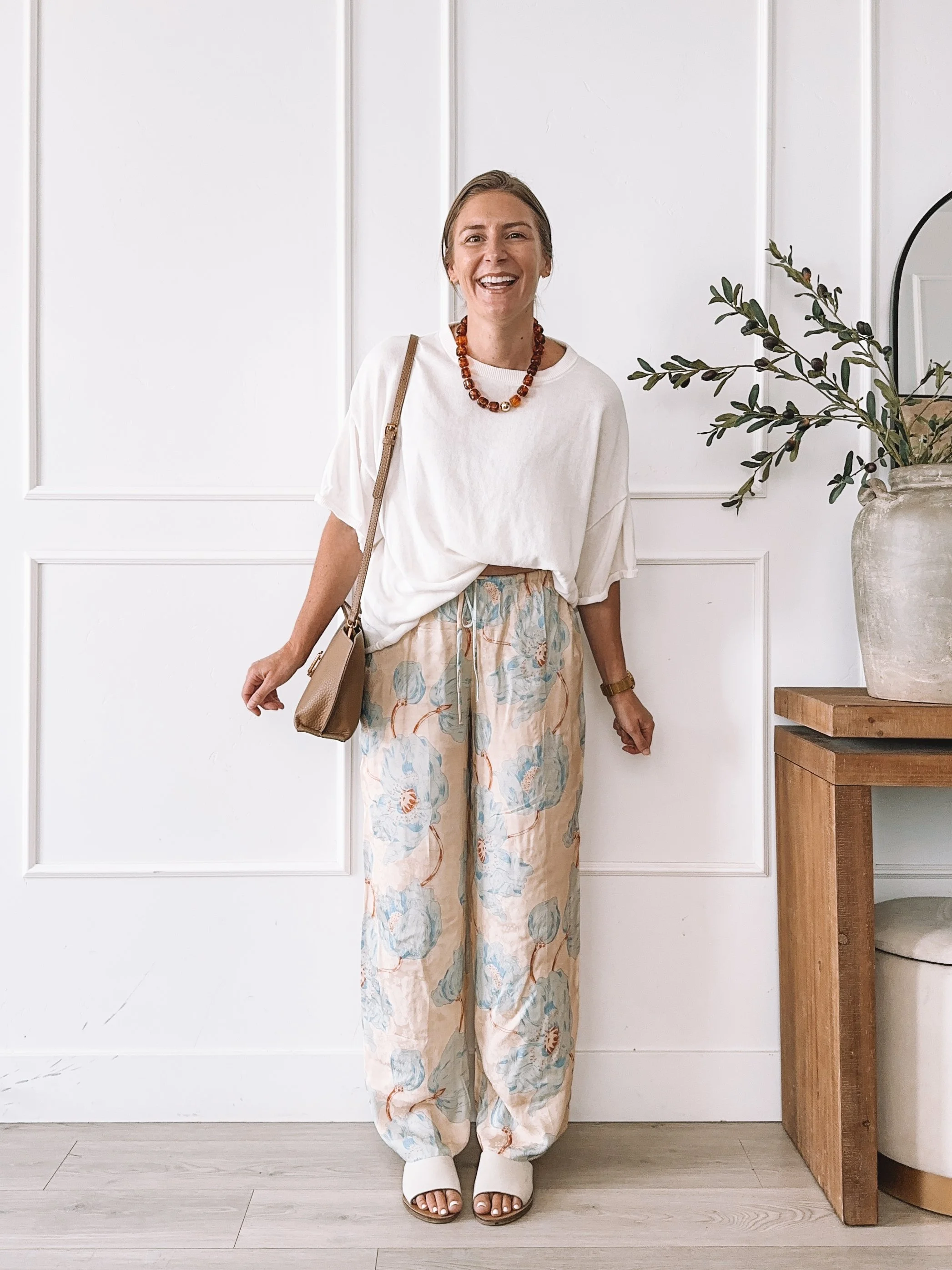 Floral wide leg pants outfit with oversized white tee for summer