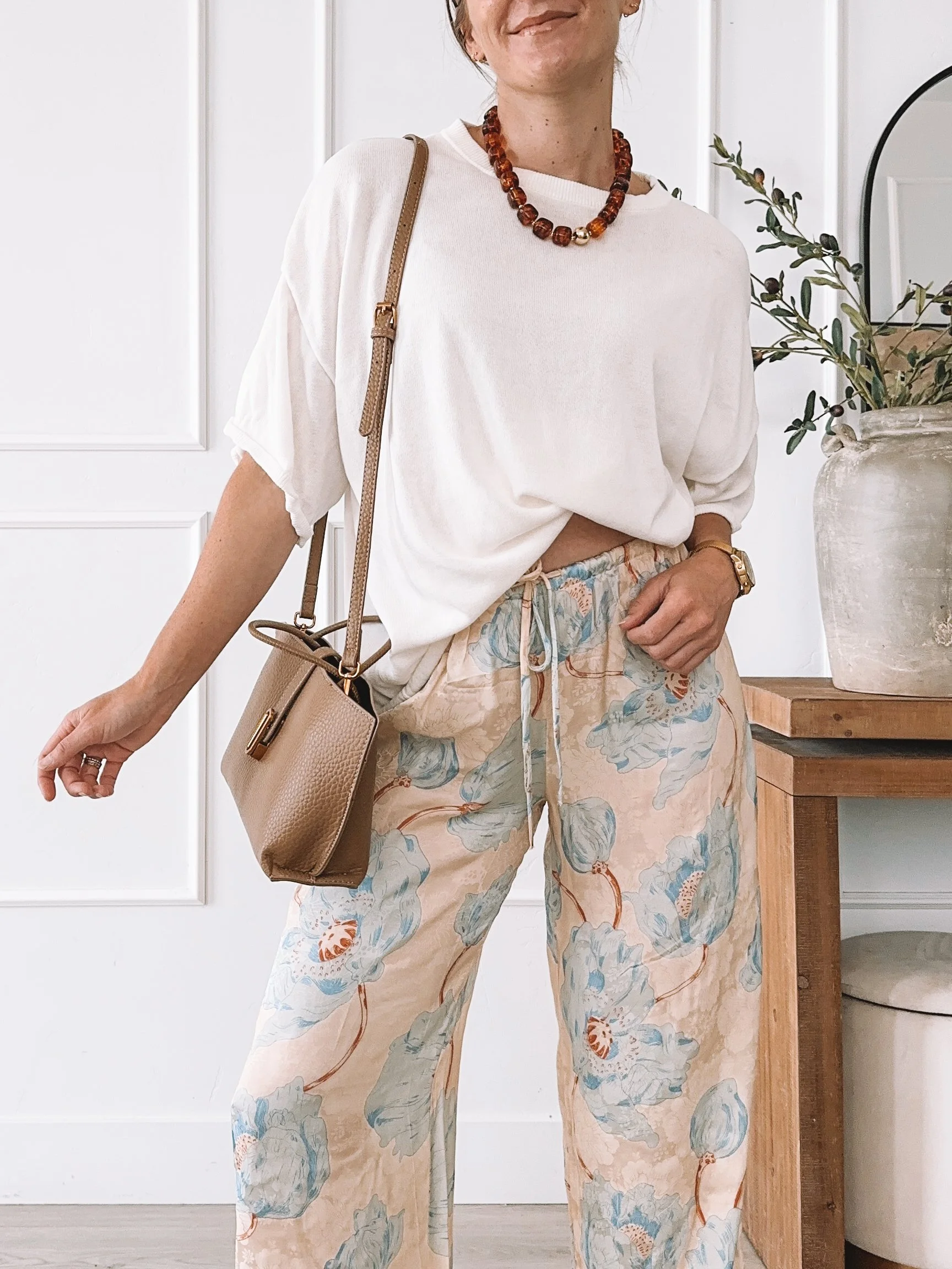 Floral wide leg pants outfit with oversized white tee for summer