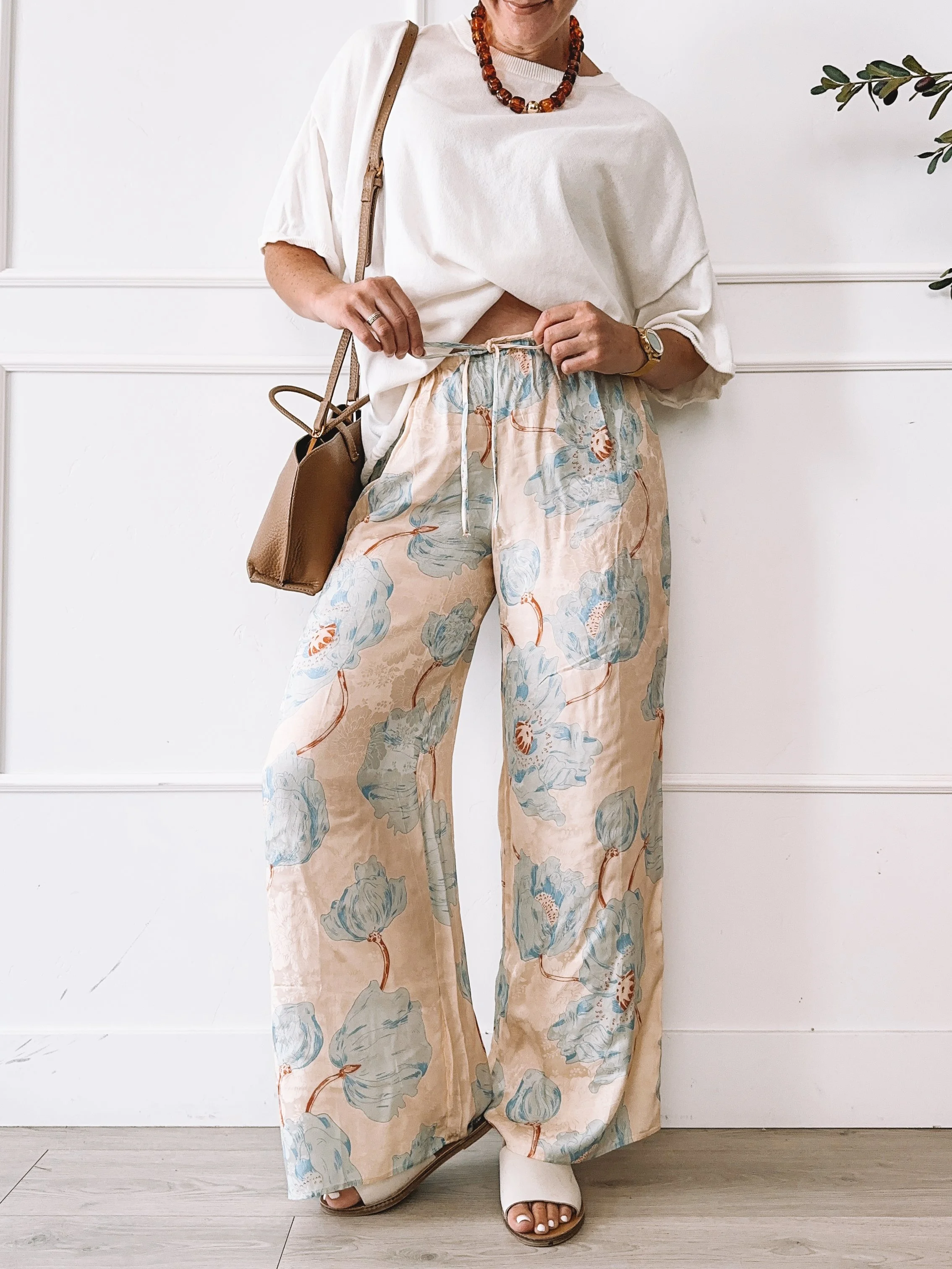 Floral wide leg pants outfit with oversized white tee for summer