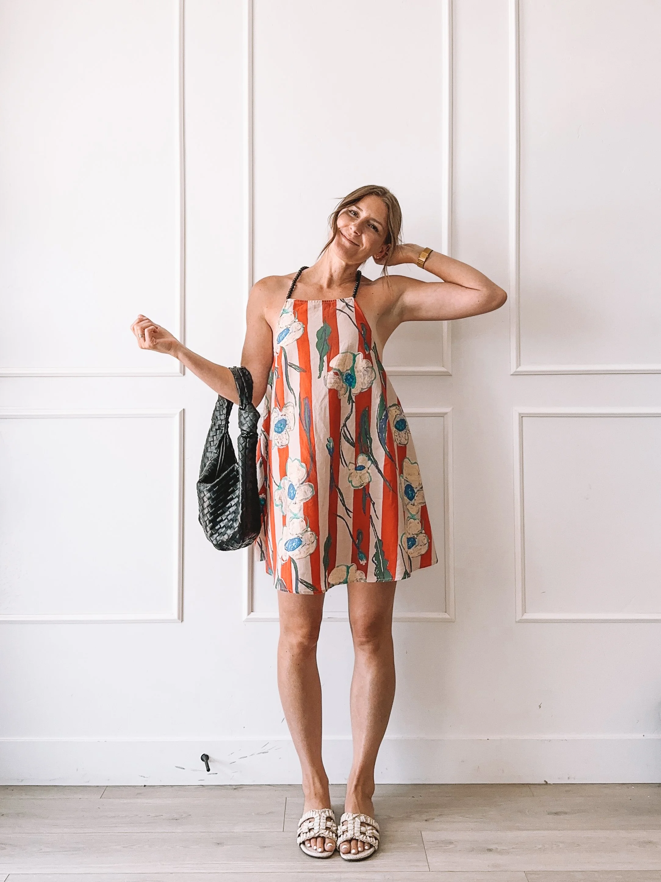 Backless Striped Floral Summer Dress Outfit Idea