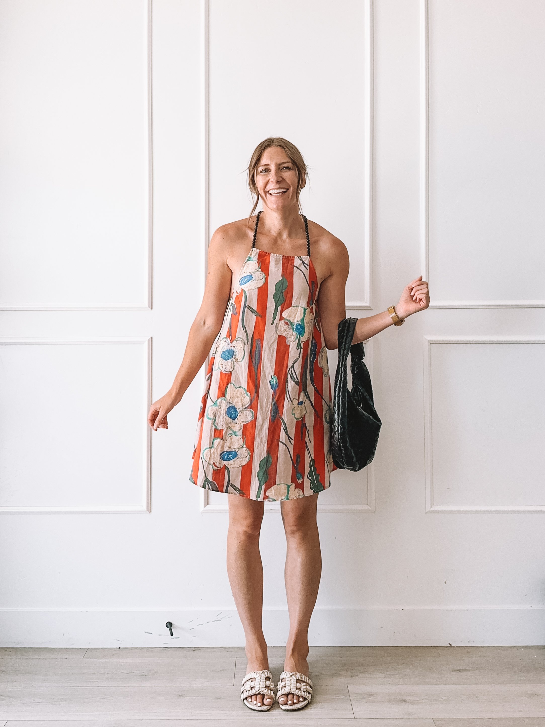 Backless Striped Floral Summer Dress Outfit Idea