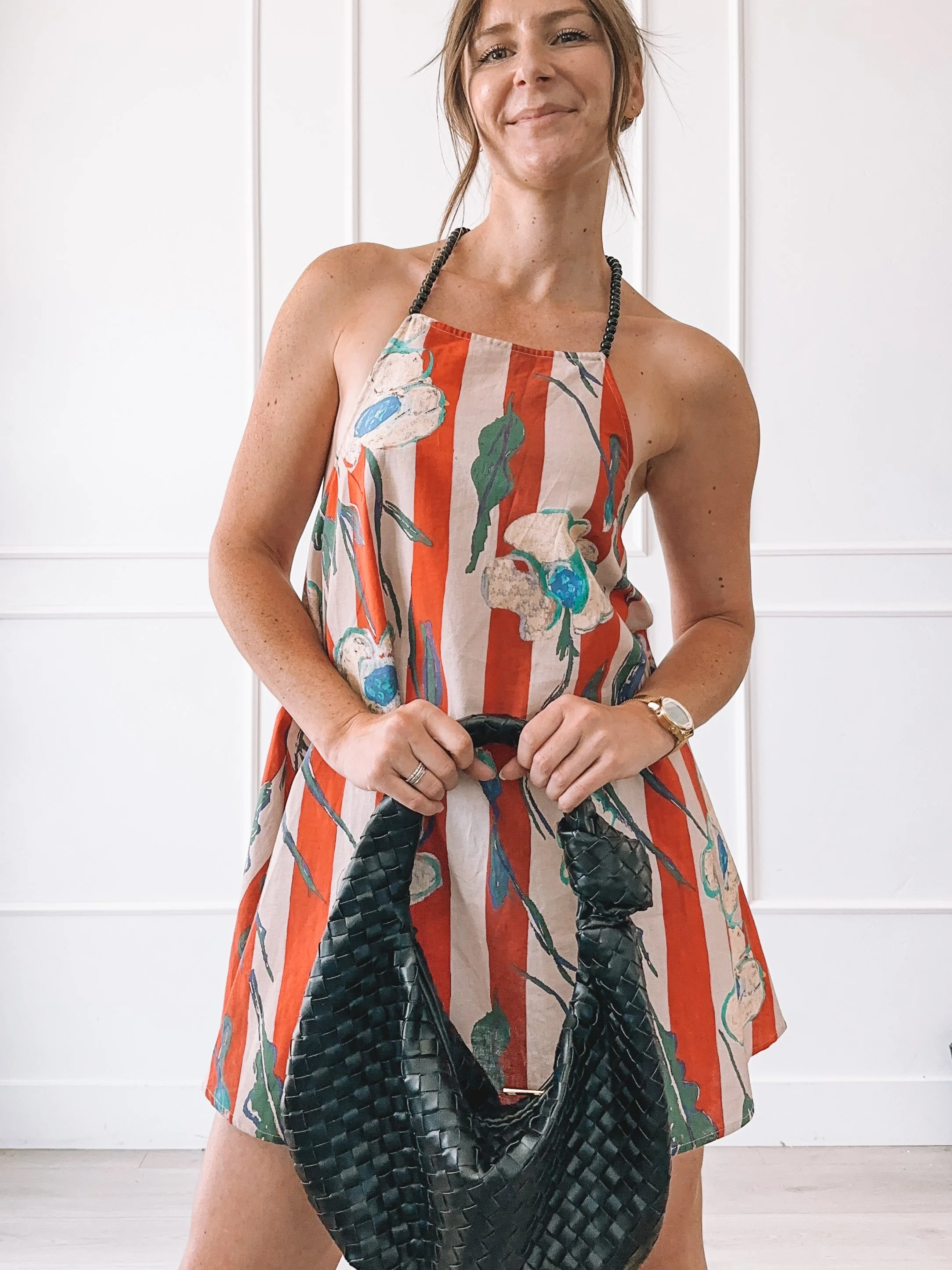 Backless Striped Floral Summer Dress Outfit Idea