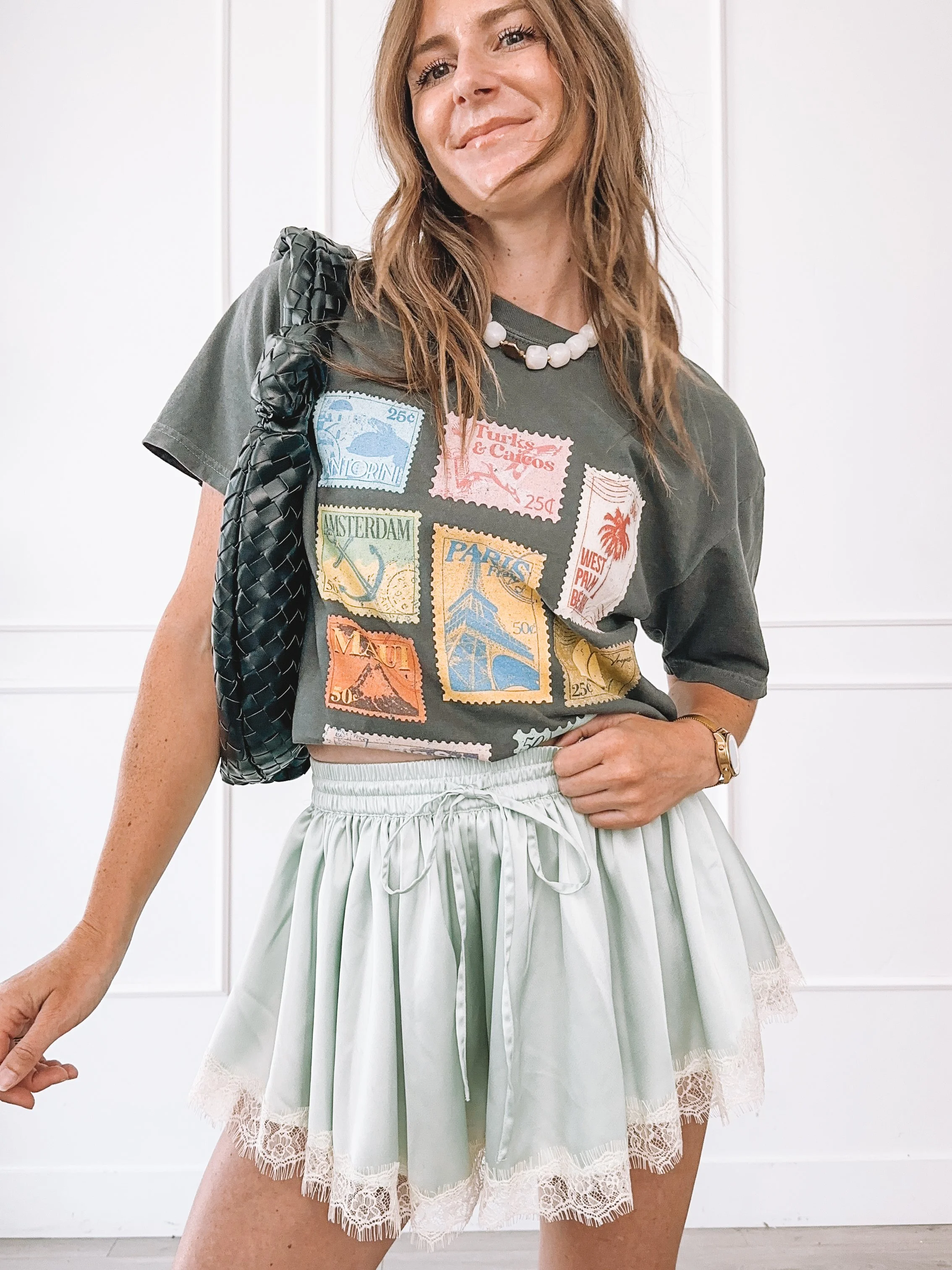 How to Style Lace Satin Shorts with A Graphic Tee