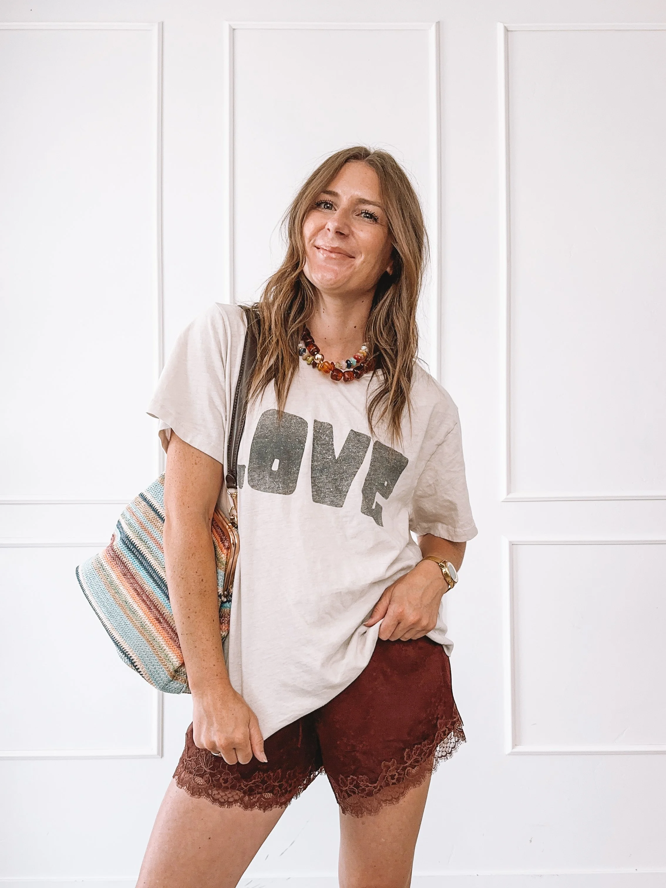 How to Style Lace Satin Shorts with A Graphic Tee
