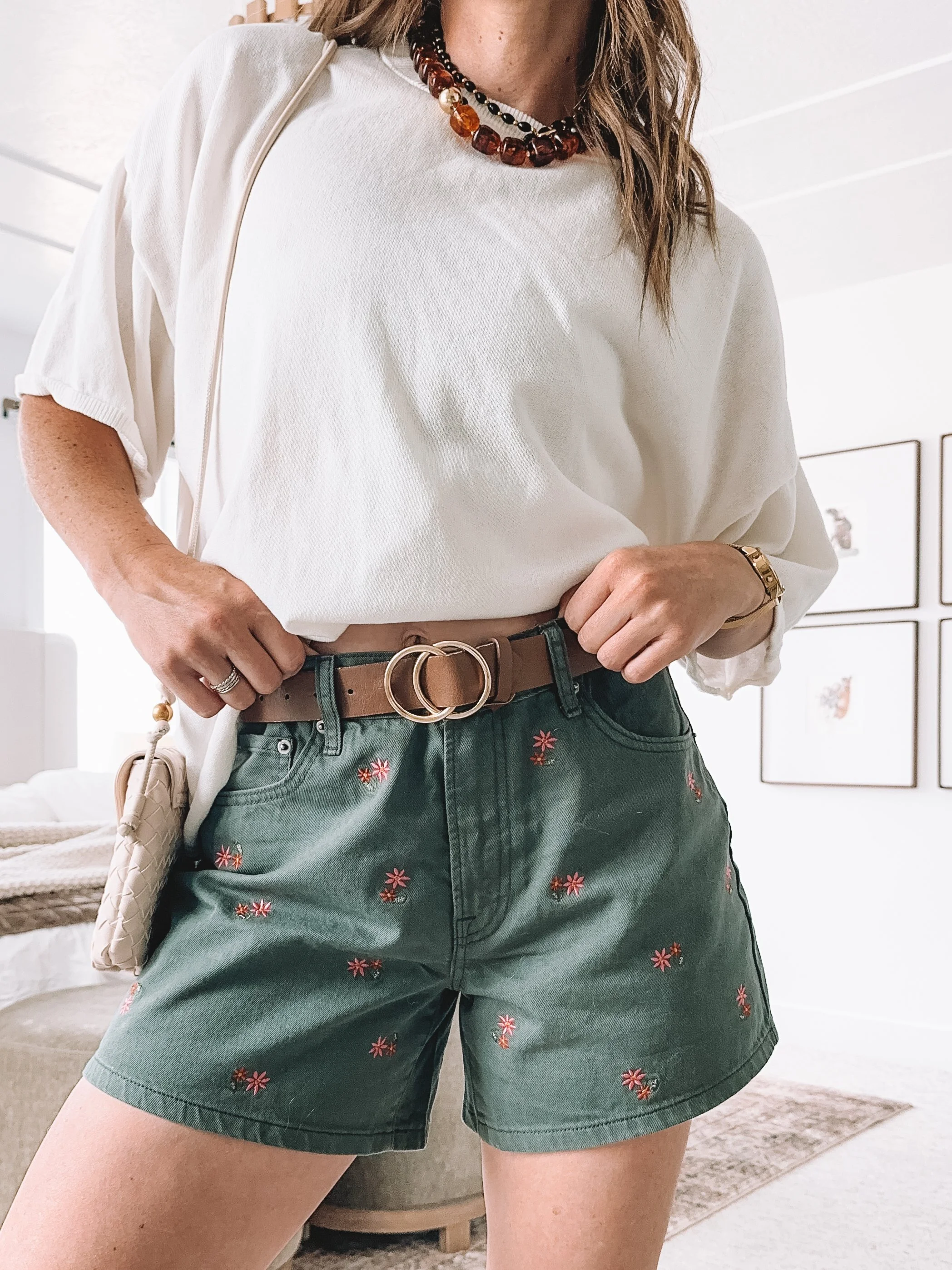 Green Floral Embroidered Denim Shorts Outfit
