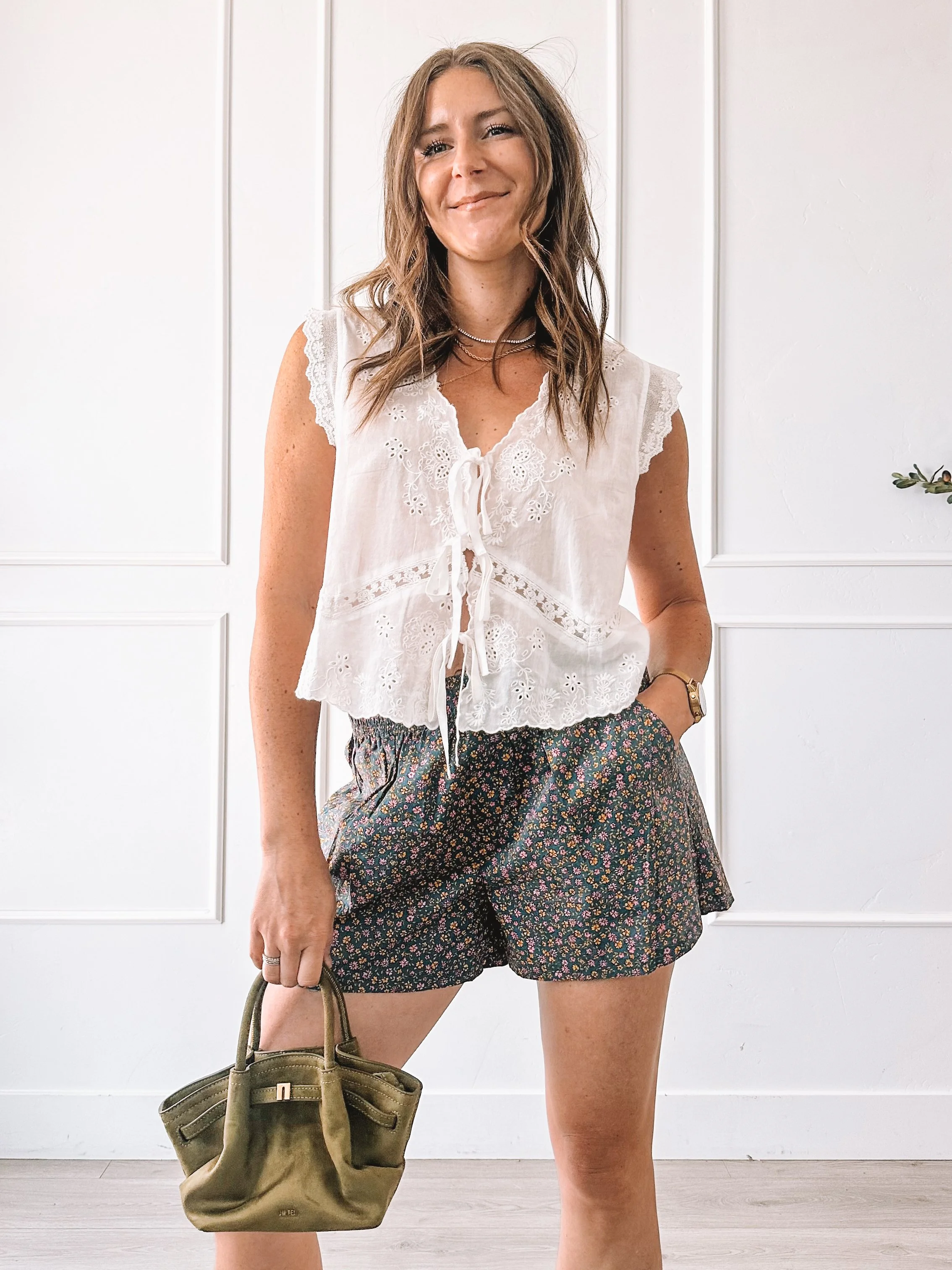 White Lace Top With Ditsy Floral Shorts Outfit