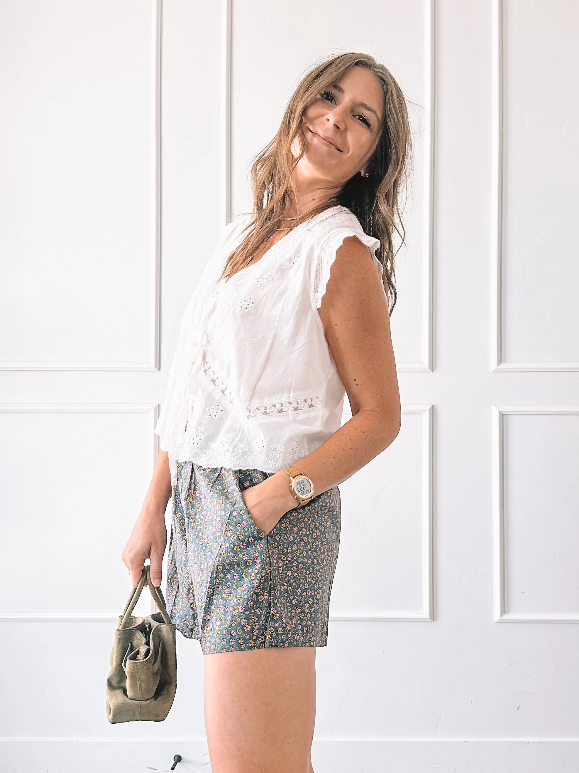 White Lace Top With Ditsy Floral Shorts Outfit
