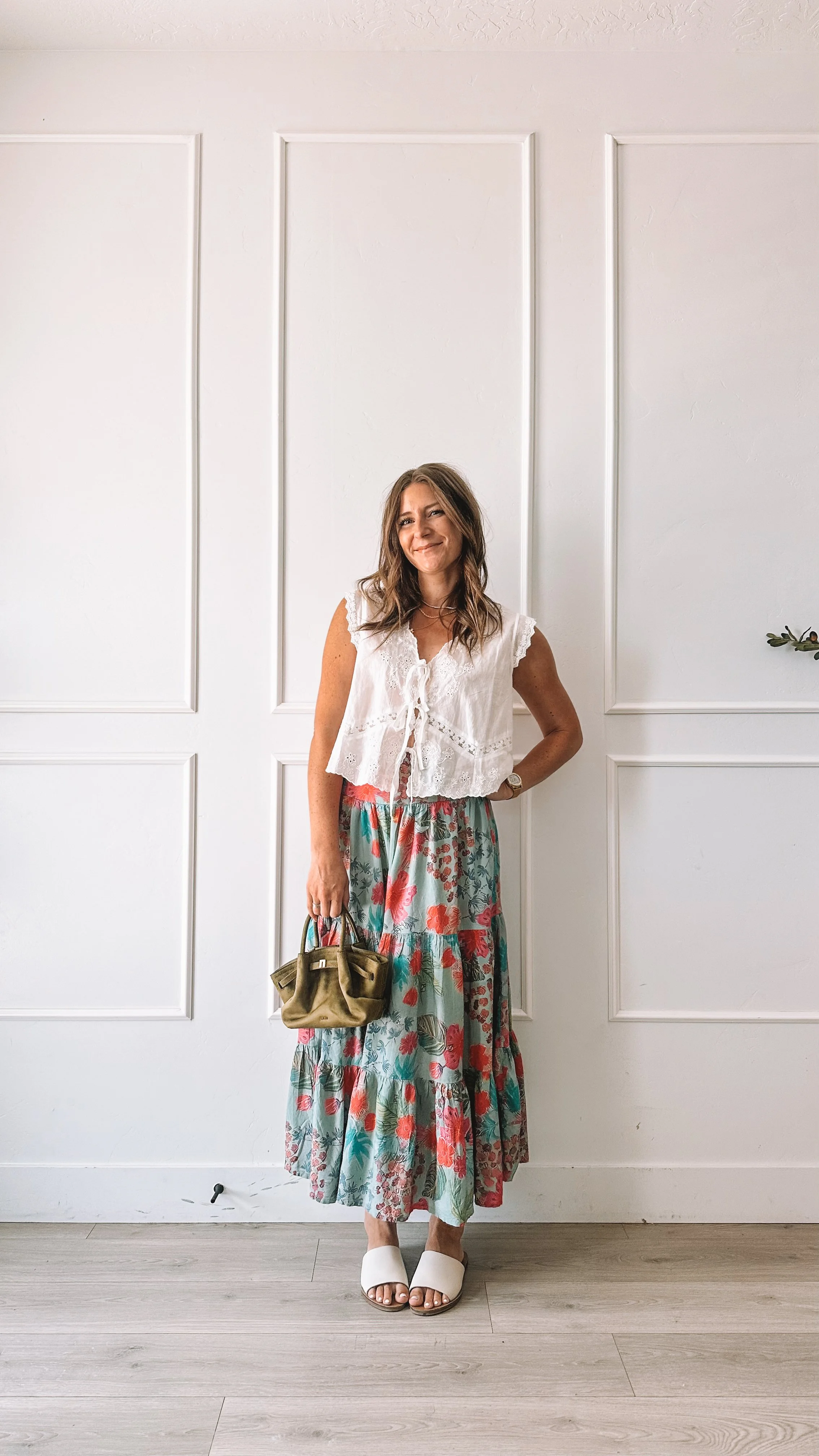 White Lace Top With Floral Maxi Skirt Outfit