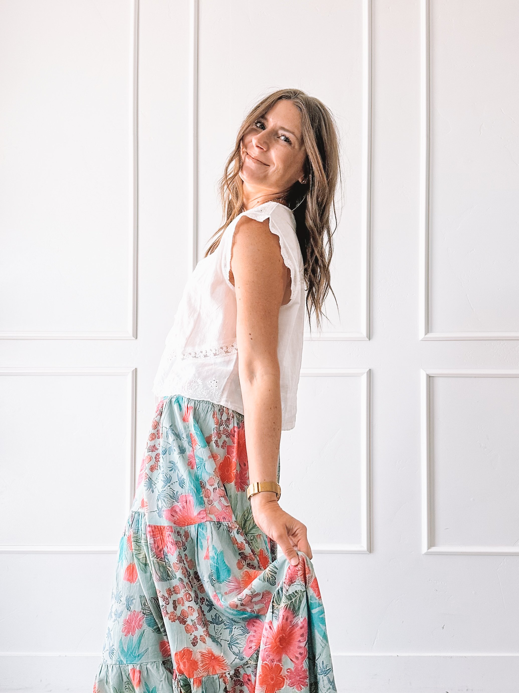 White Lace Top With Floral Maxi Skirt Outfit