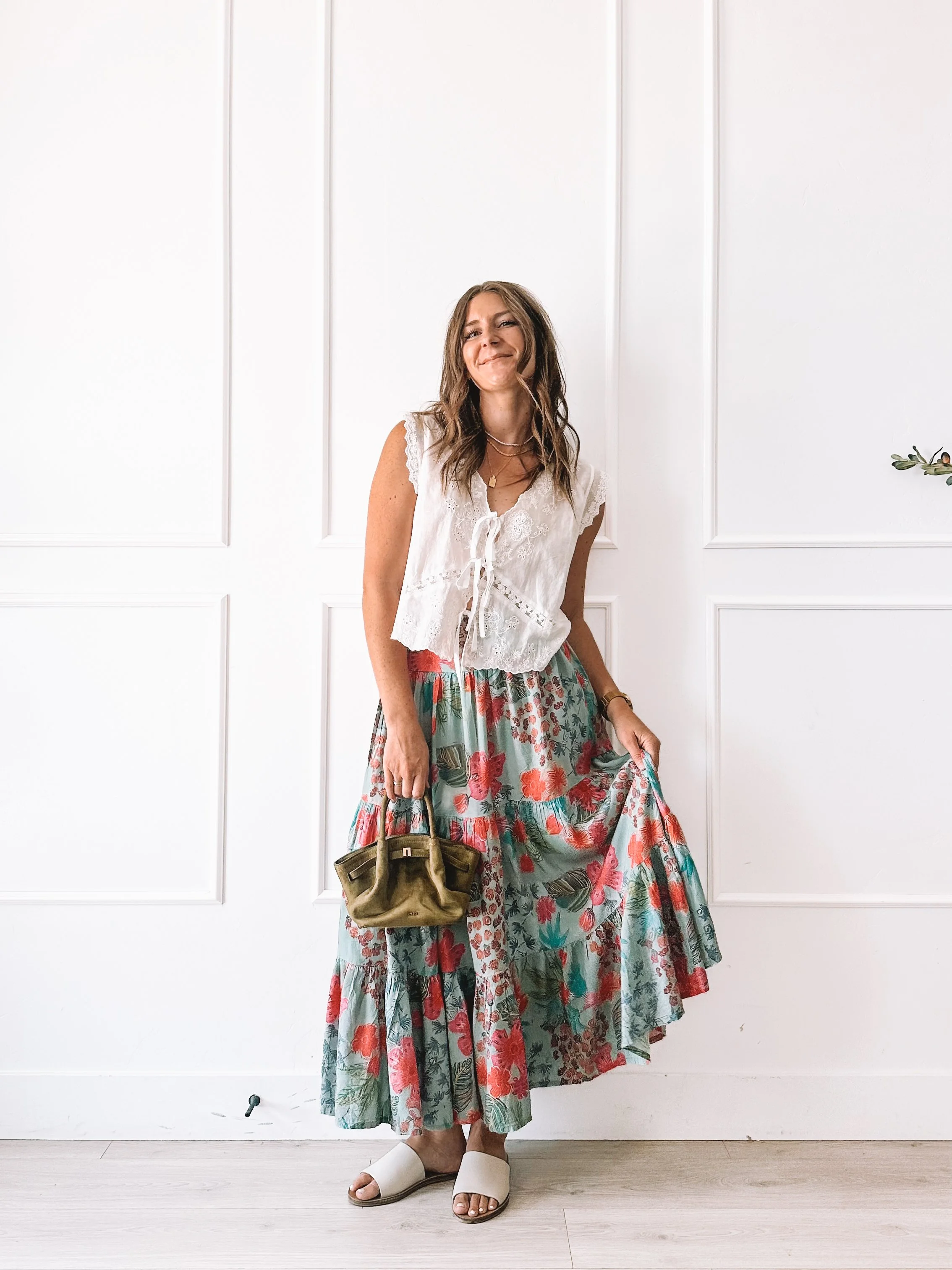 White Lace Top With Floral Maxi Skirt Outfit