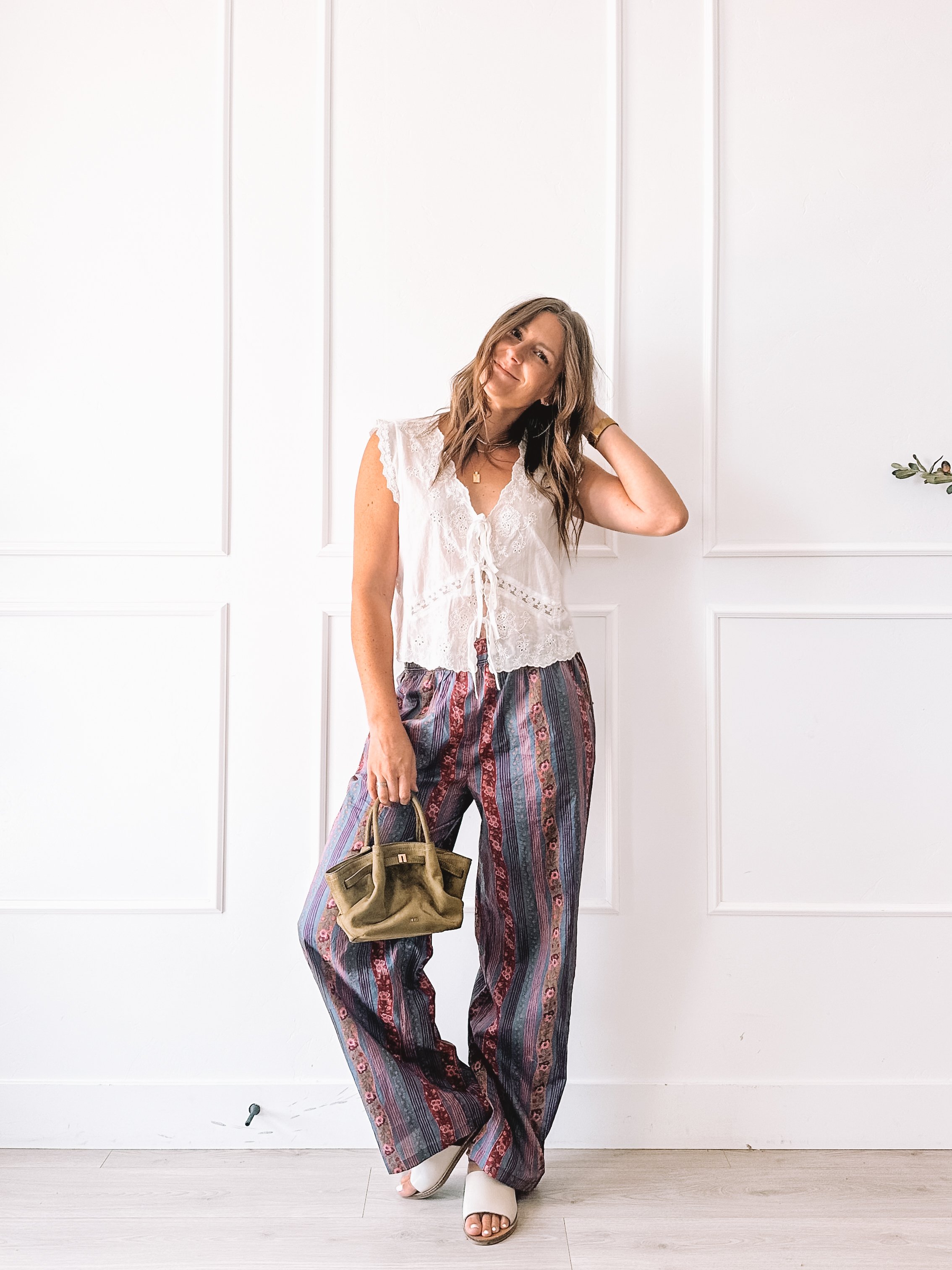 White Lace Top With Boho Wide Leg Pants Outfit