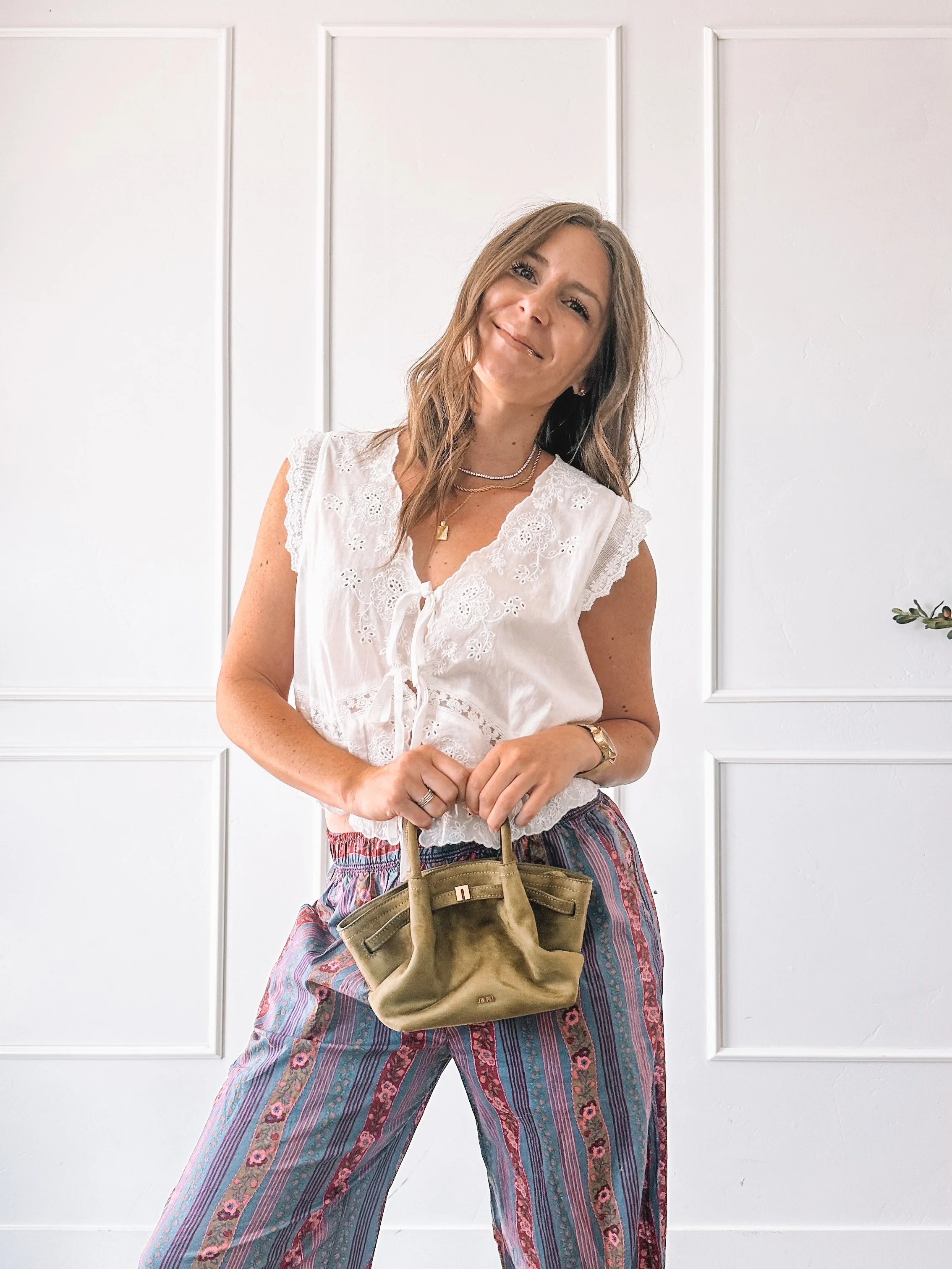 White Lace Top With Boho Wide Leg Pants Outfit