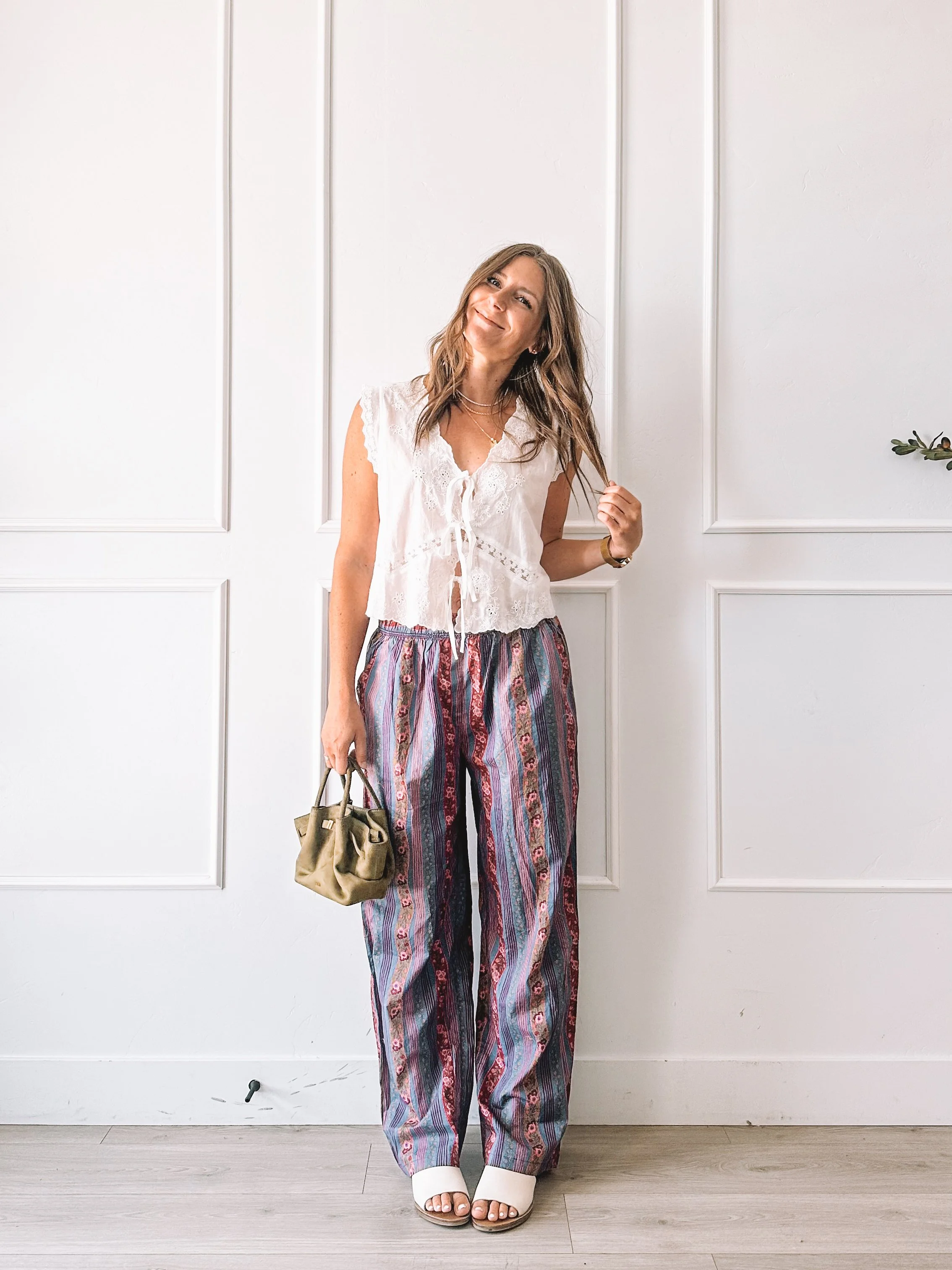 White Lace Top With Boho Wide Leg Pants Outfit