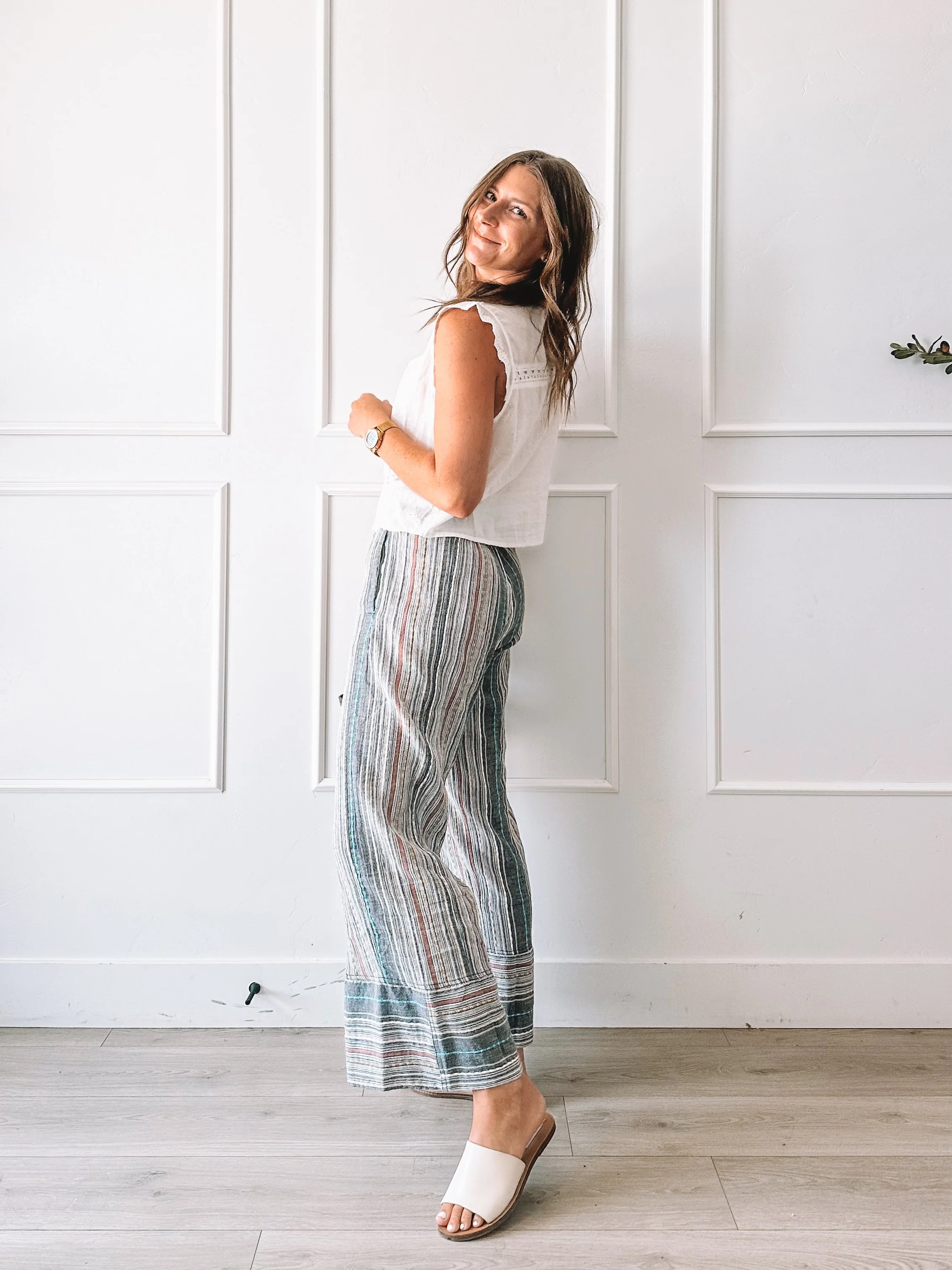 White Lace Top With Striped Wide Leg Pants Outfit