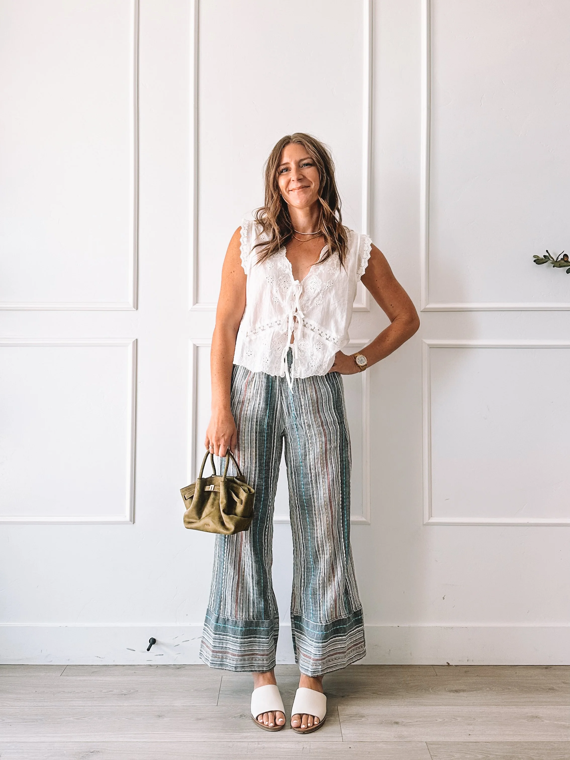 White Lace Top With Striped Wide Leg Pants Outfit