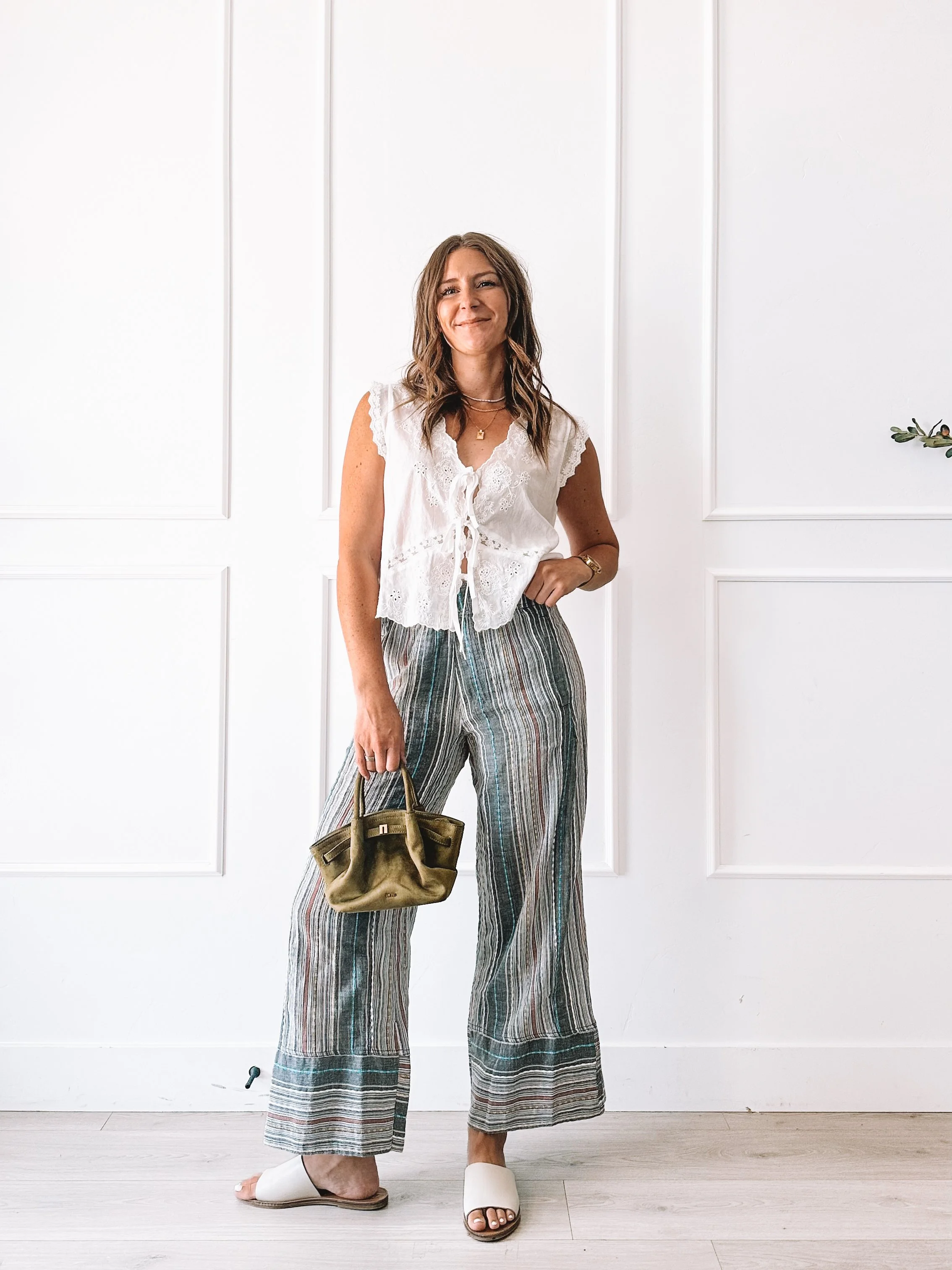 White Lace Top With Striped Wide Leg Pants Outfit