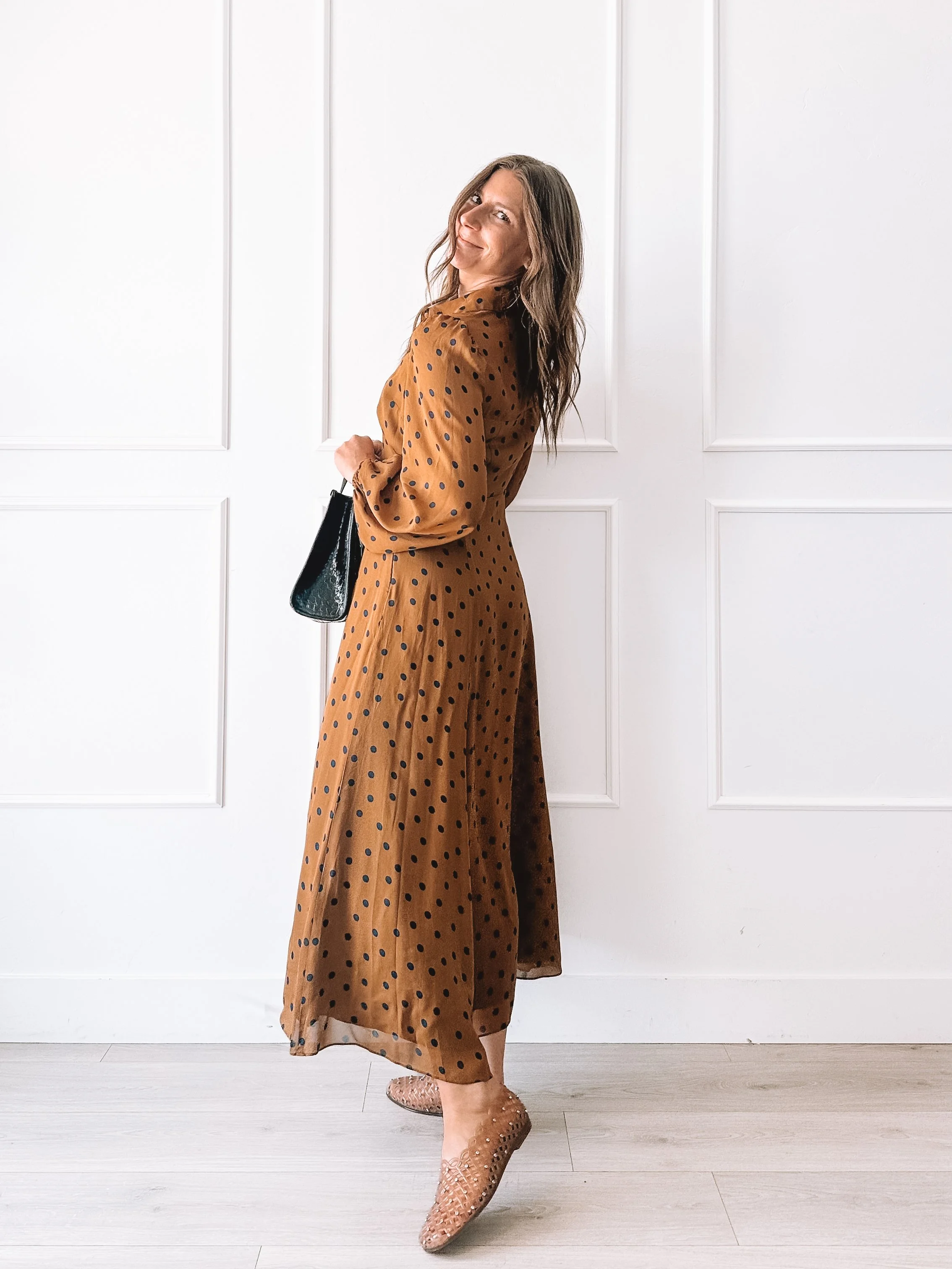 Polka Dot Midi Dress With Structured Bag