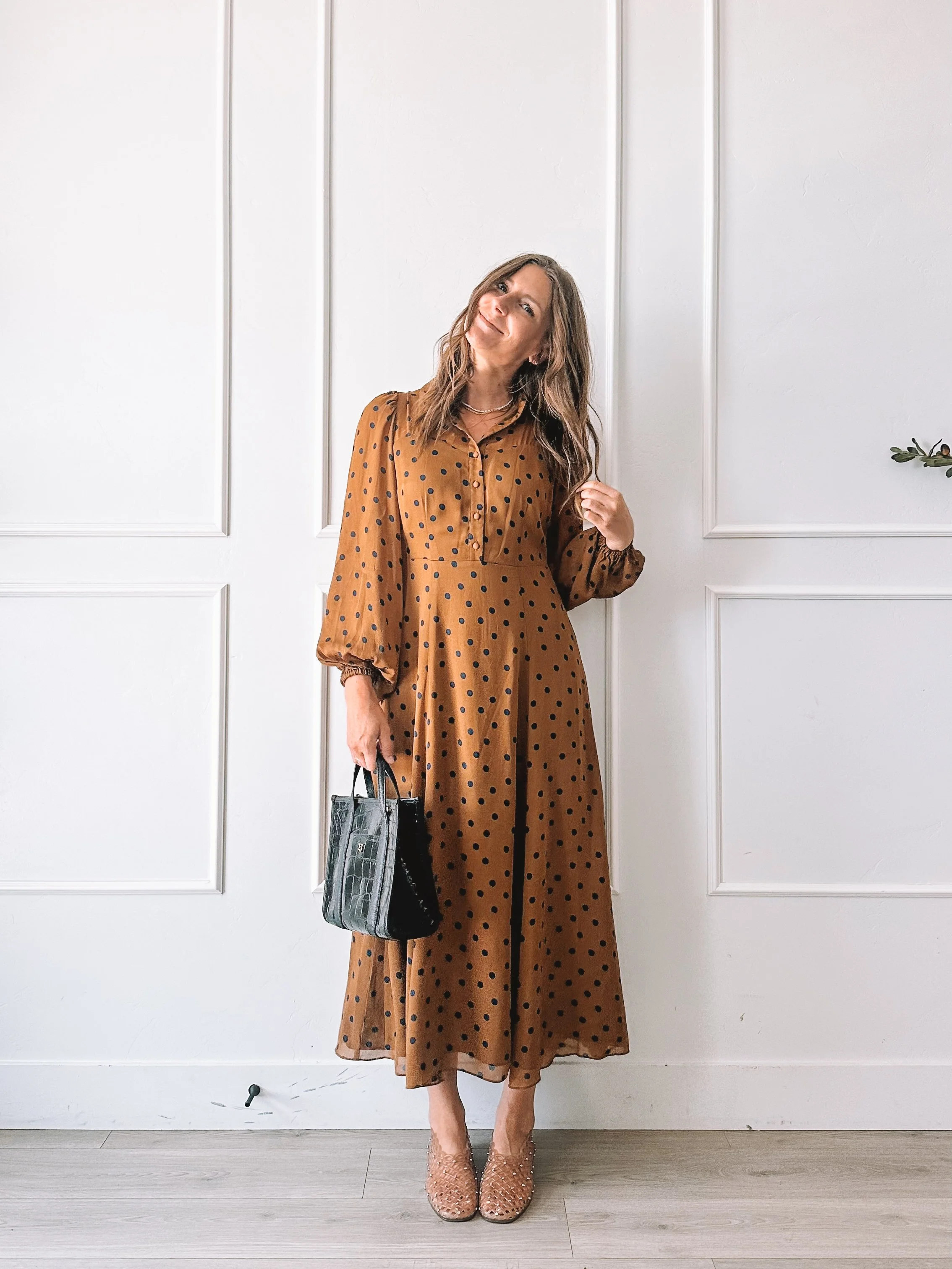 Polka Dot Midi Dress With Structured Bag