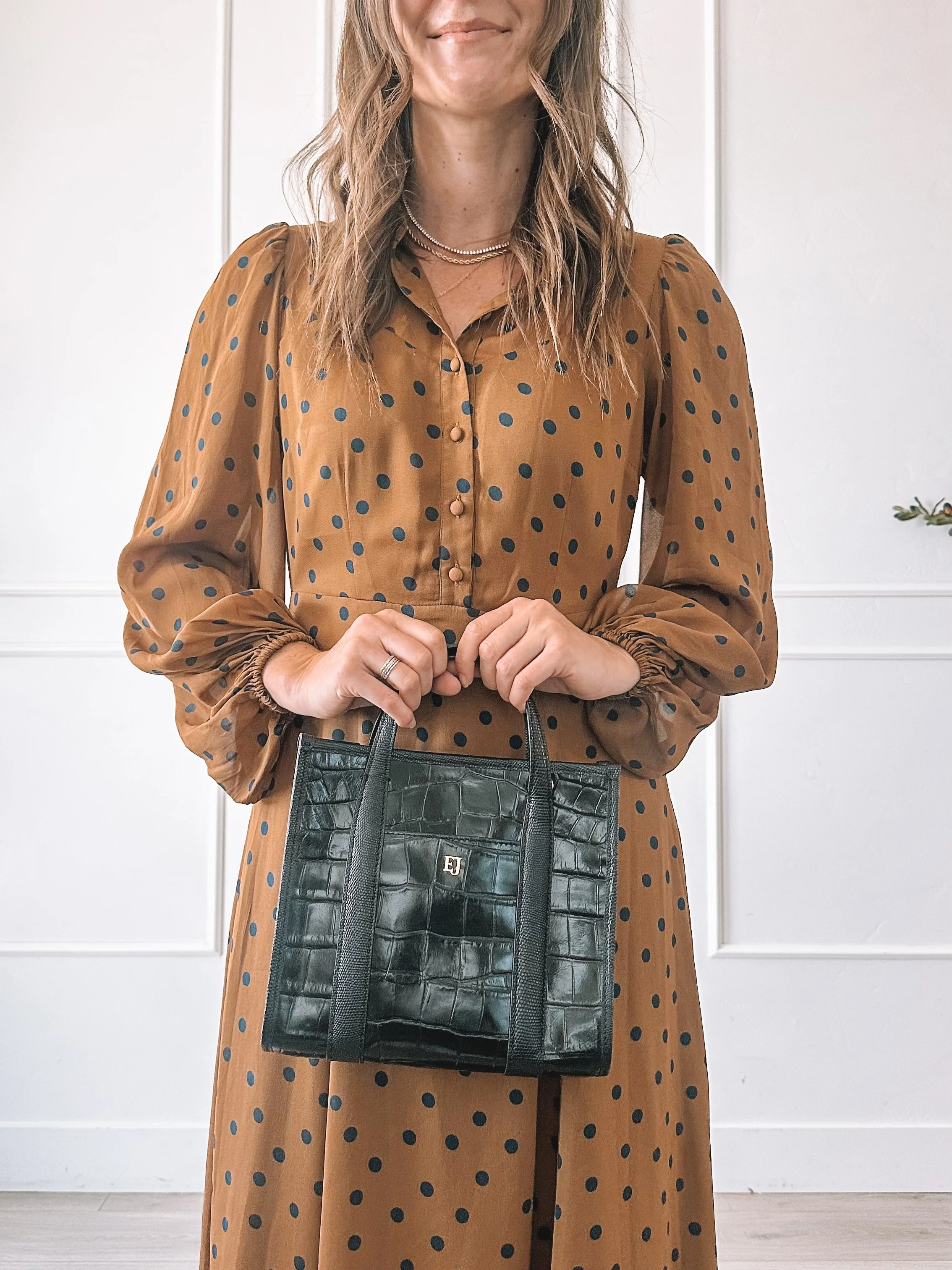 Polka Dot Midi Dress With Structured Bag