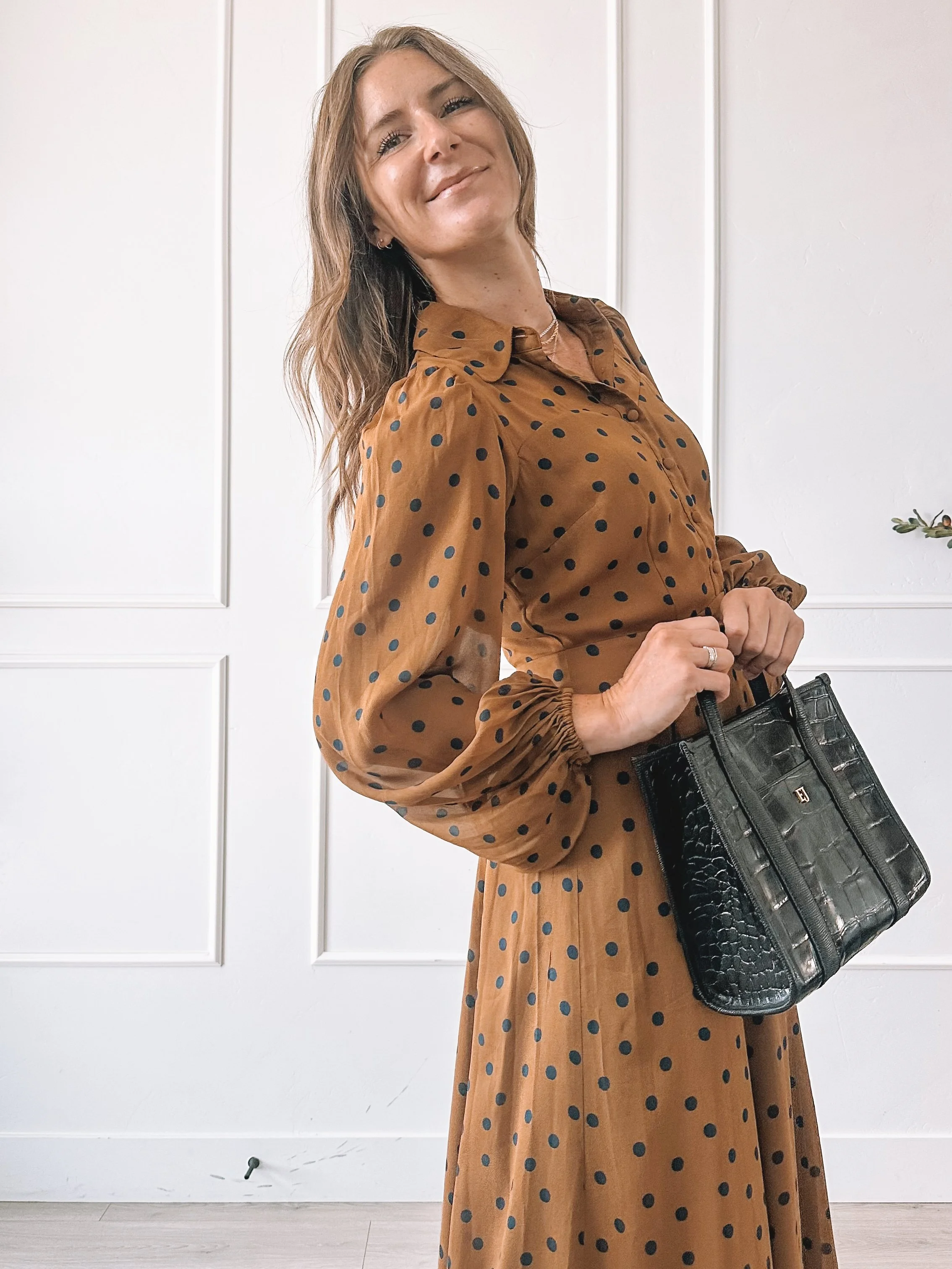 Polka Dot Midi Dress With Structured Bag