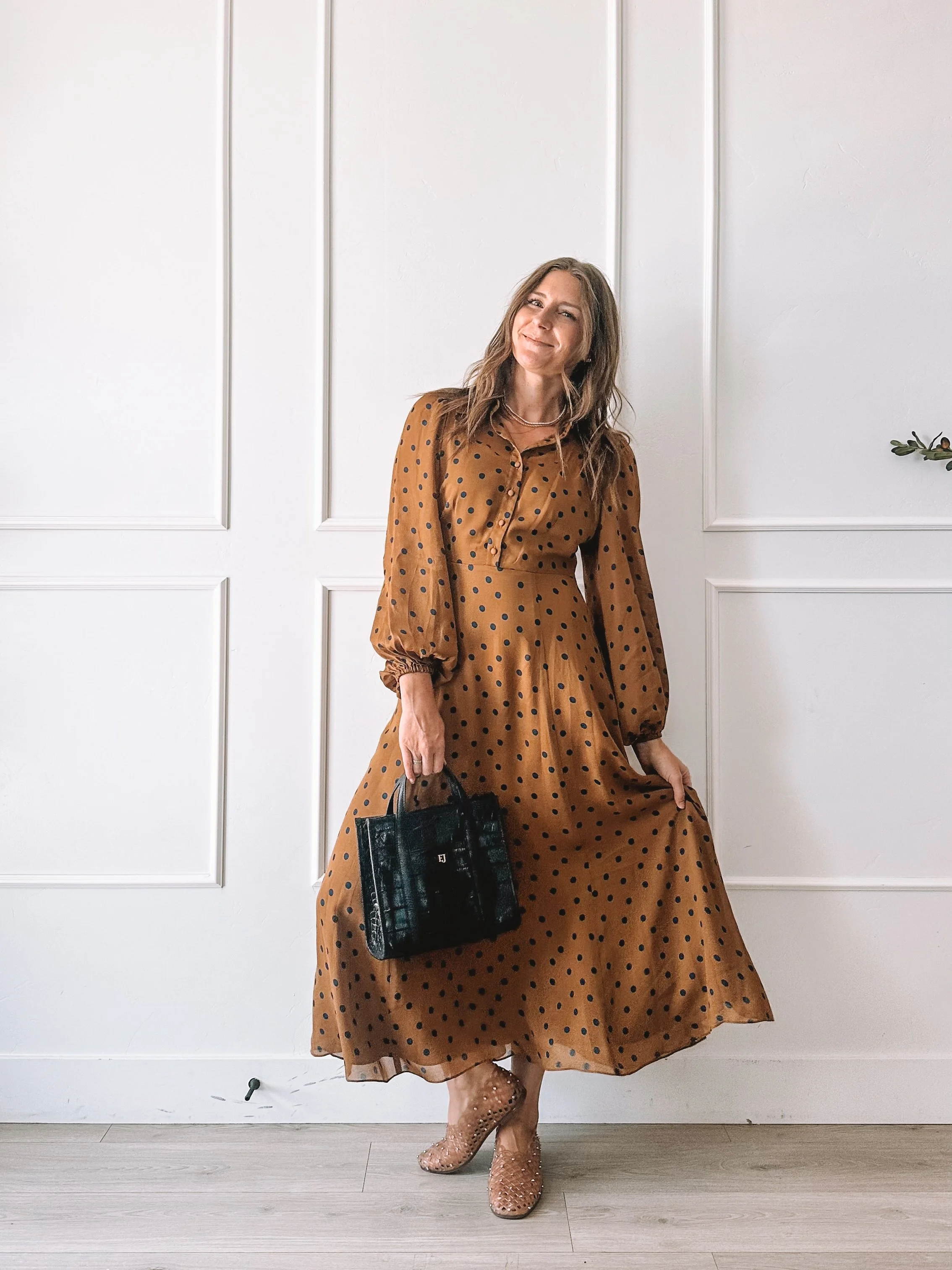 Rust Polka Dot Midi Dress Fall Outfit