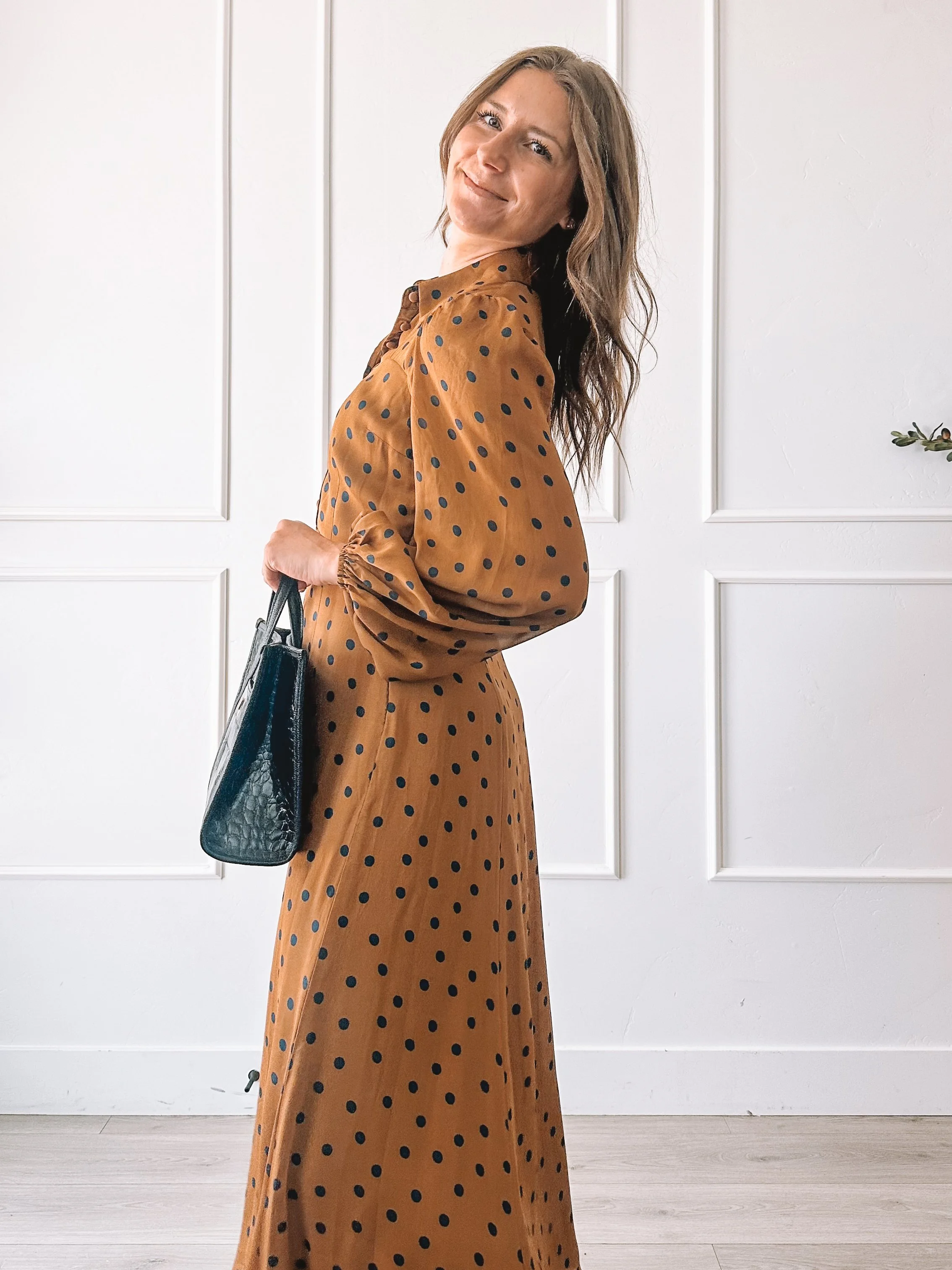 Rust Polka Dot Midi Dress Fall Outfit