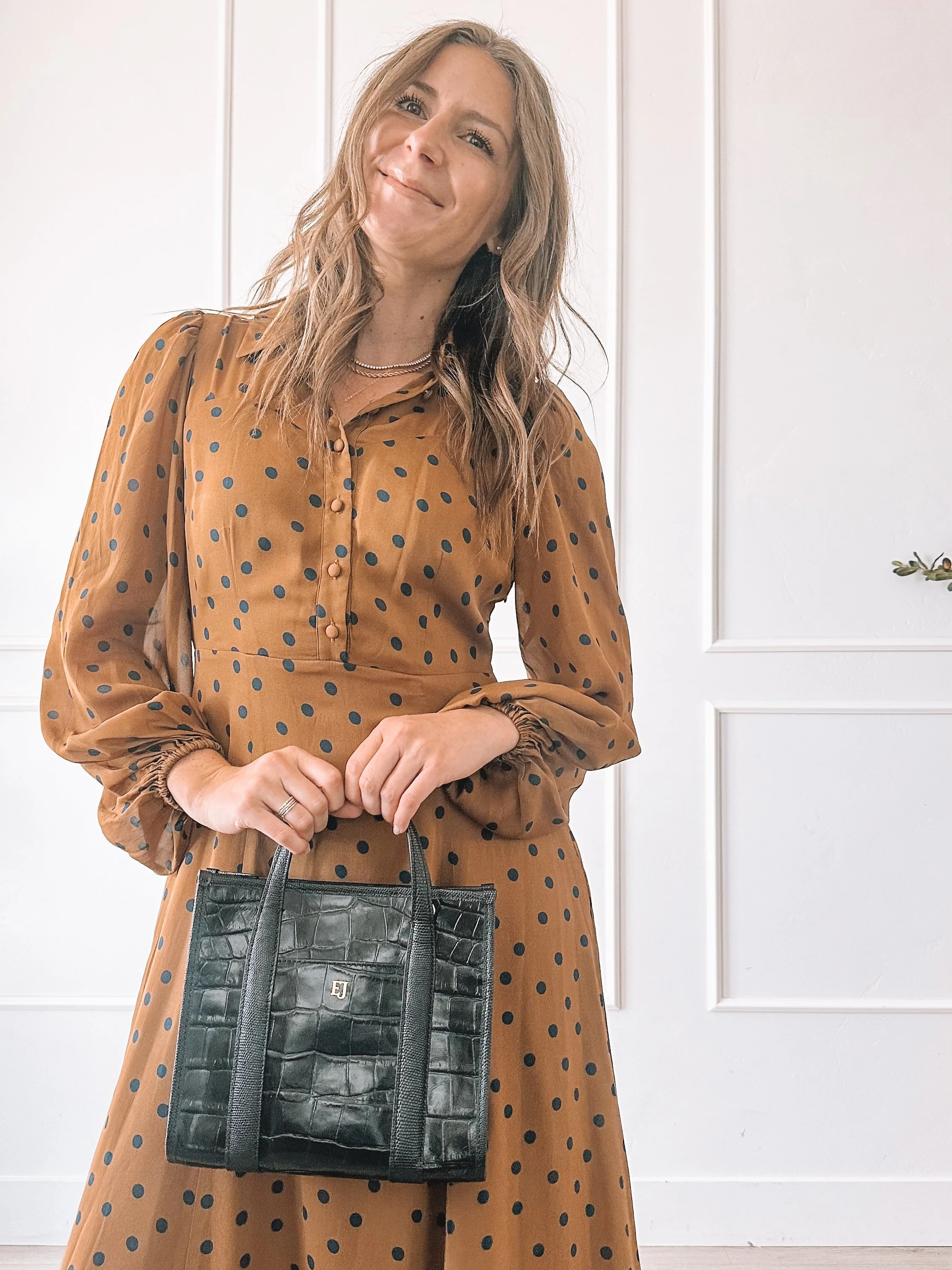 Rust Polka Dot Midi Dress Fall Outfit