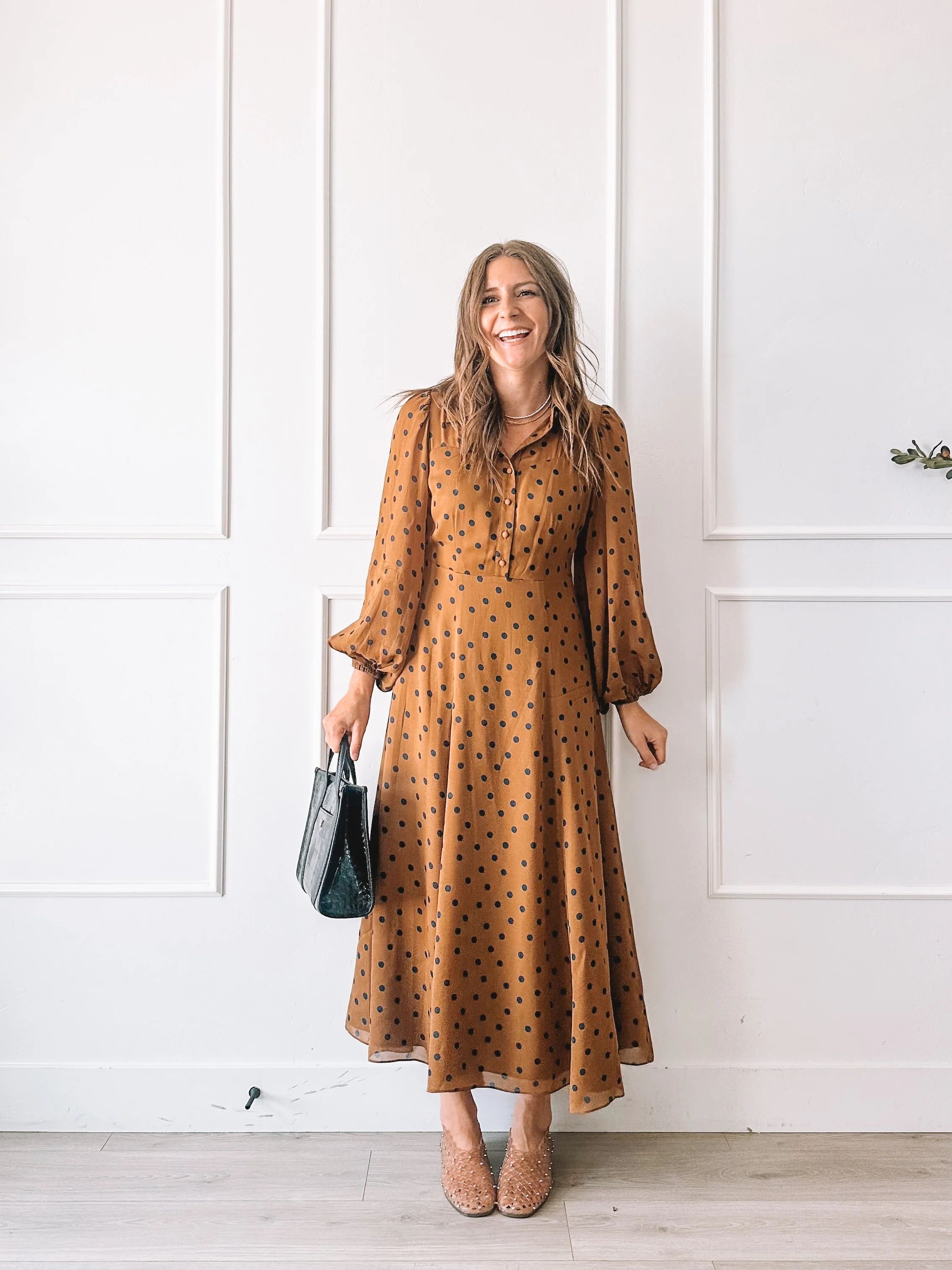 Rust Polka Dot Midi Dress Fall Outfit