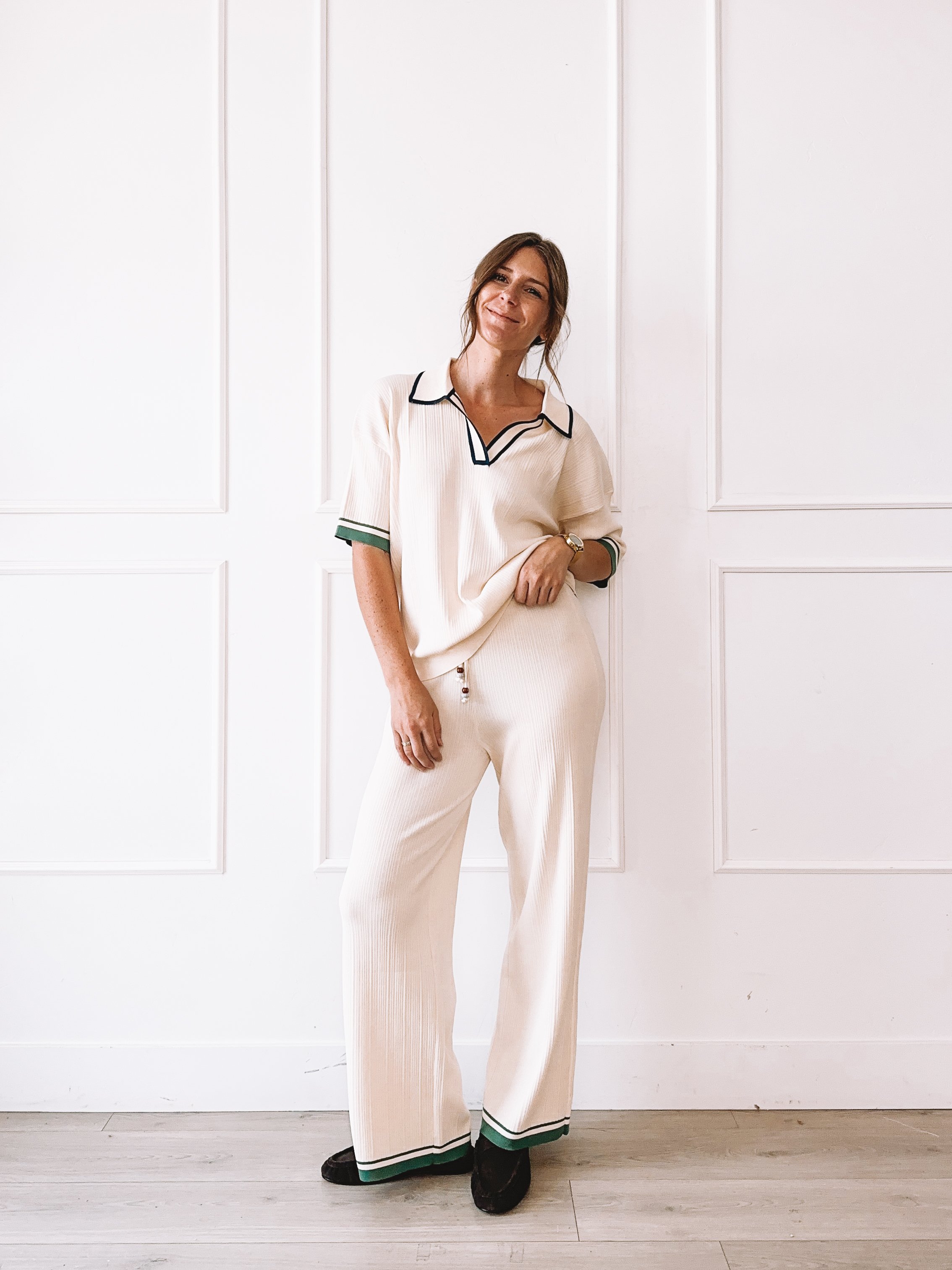 Cream ribbed knit polo set fall outfit