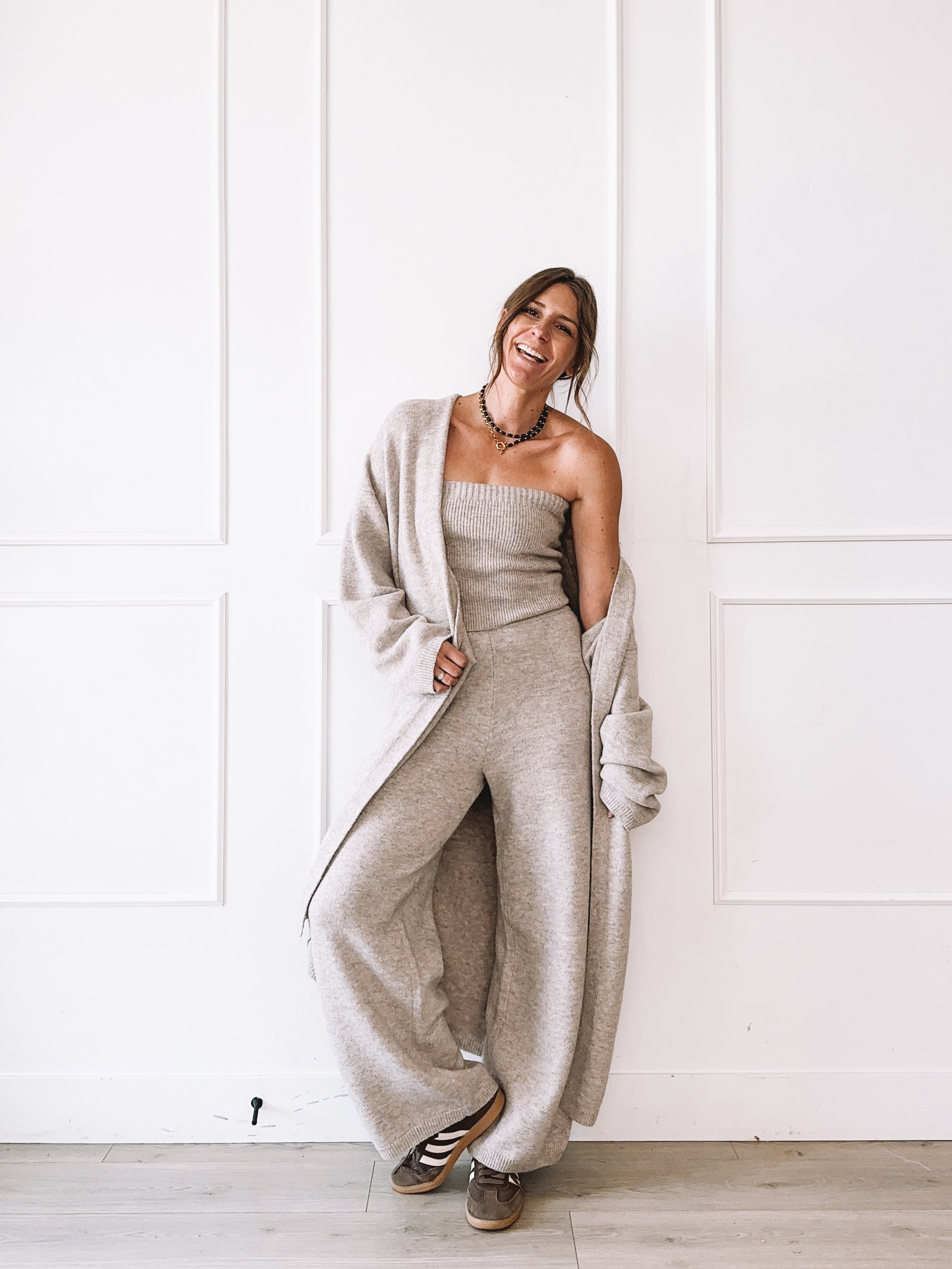 Heather gray knit lounge set with duster cardigan
