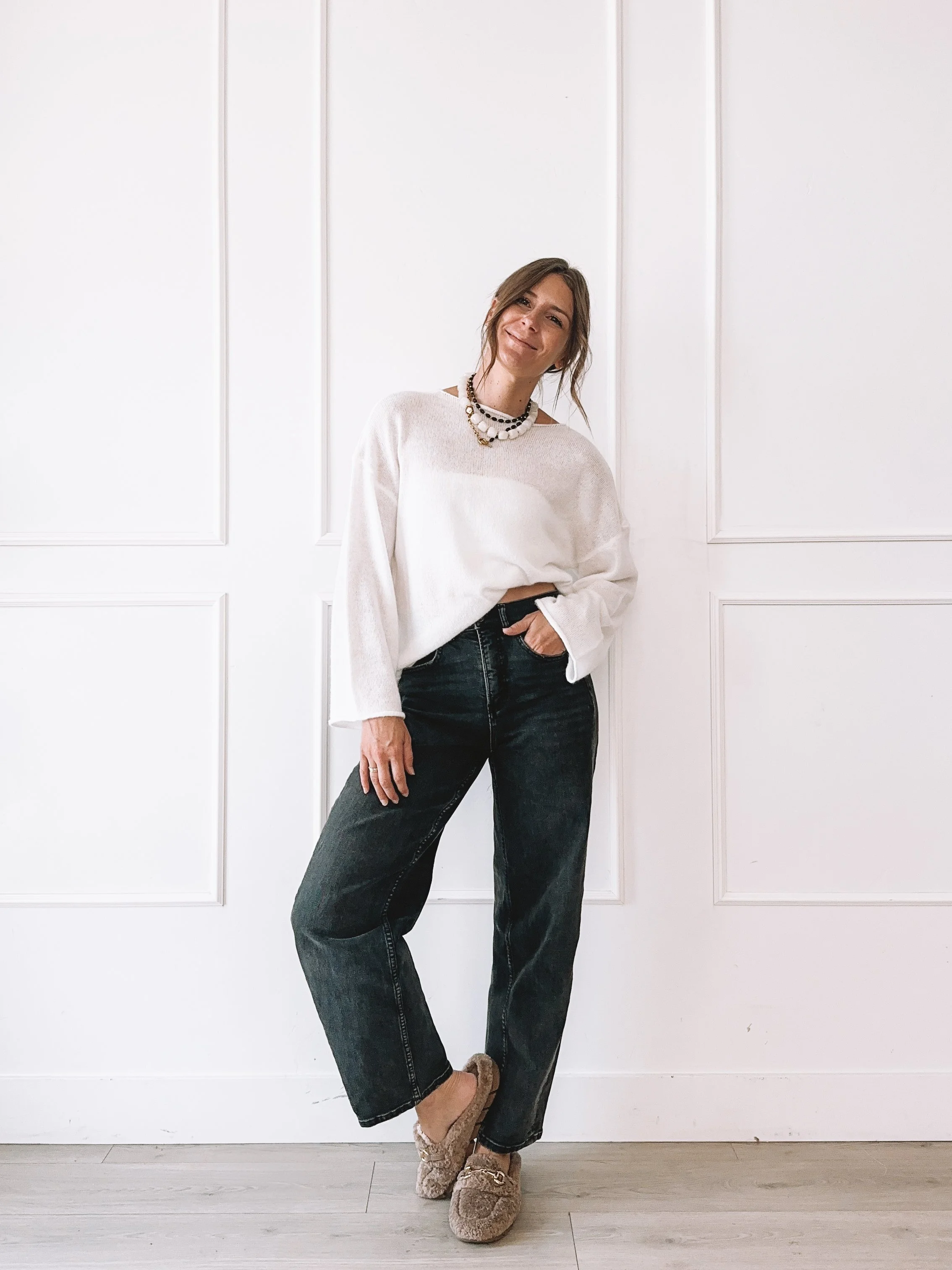 Cream sweater and wide leg jeans neutral fall outfit