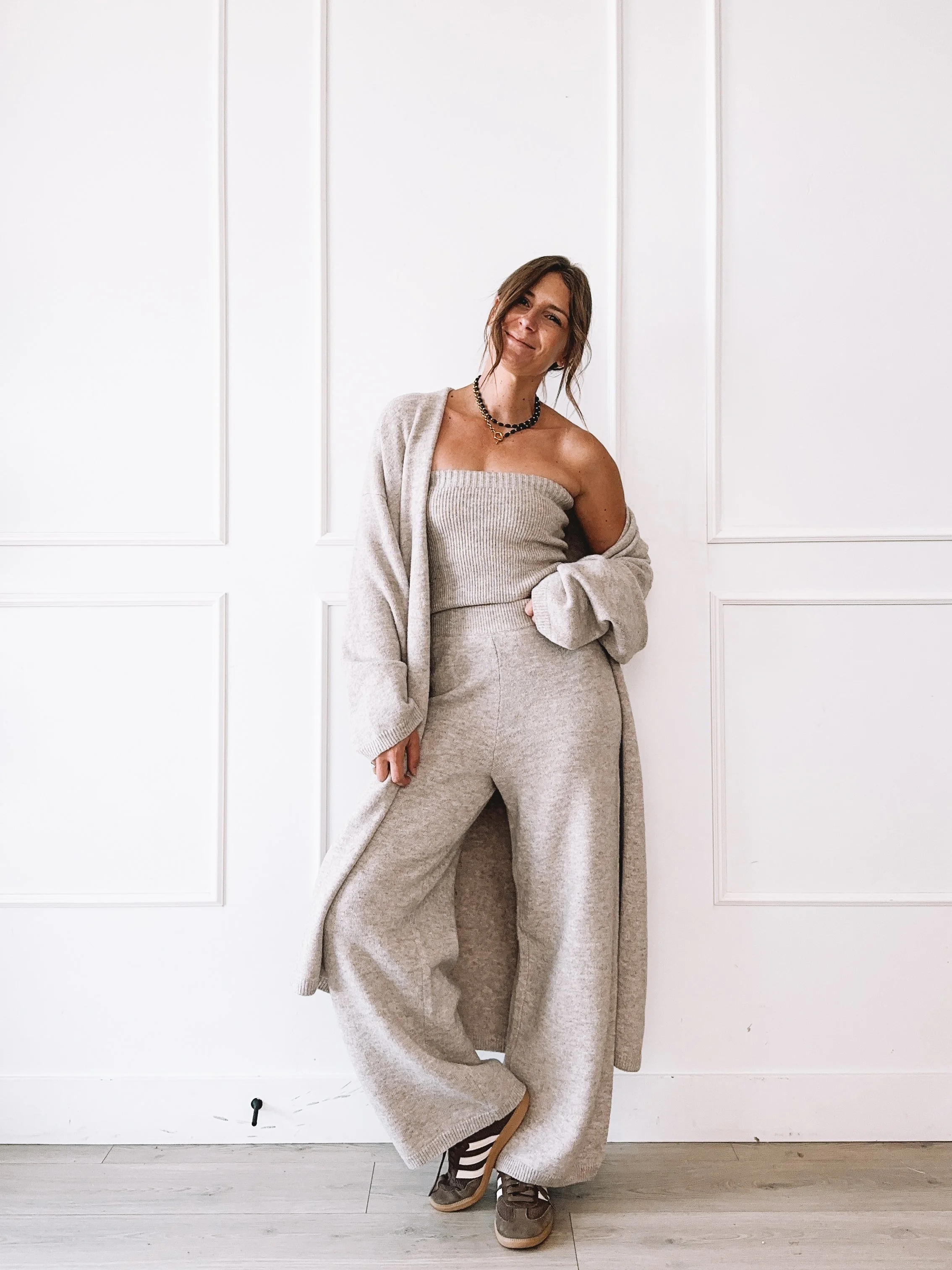 Heather gray knit lounge set with duster cardigan