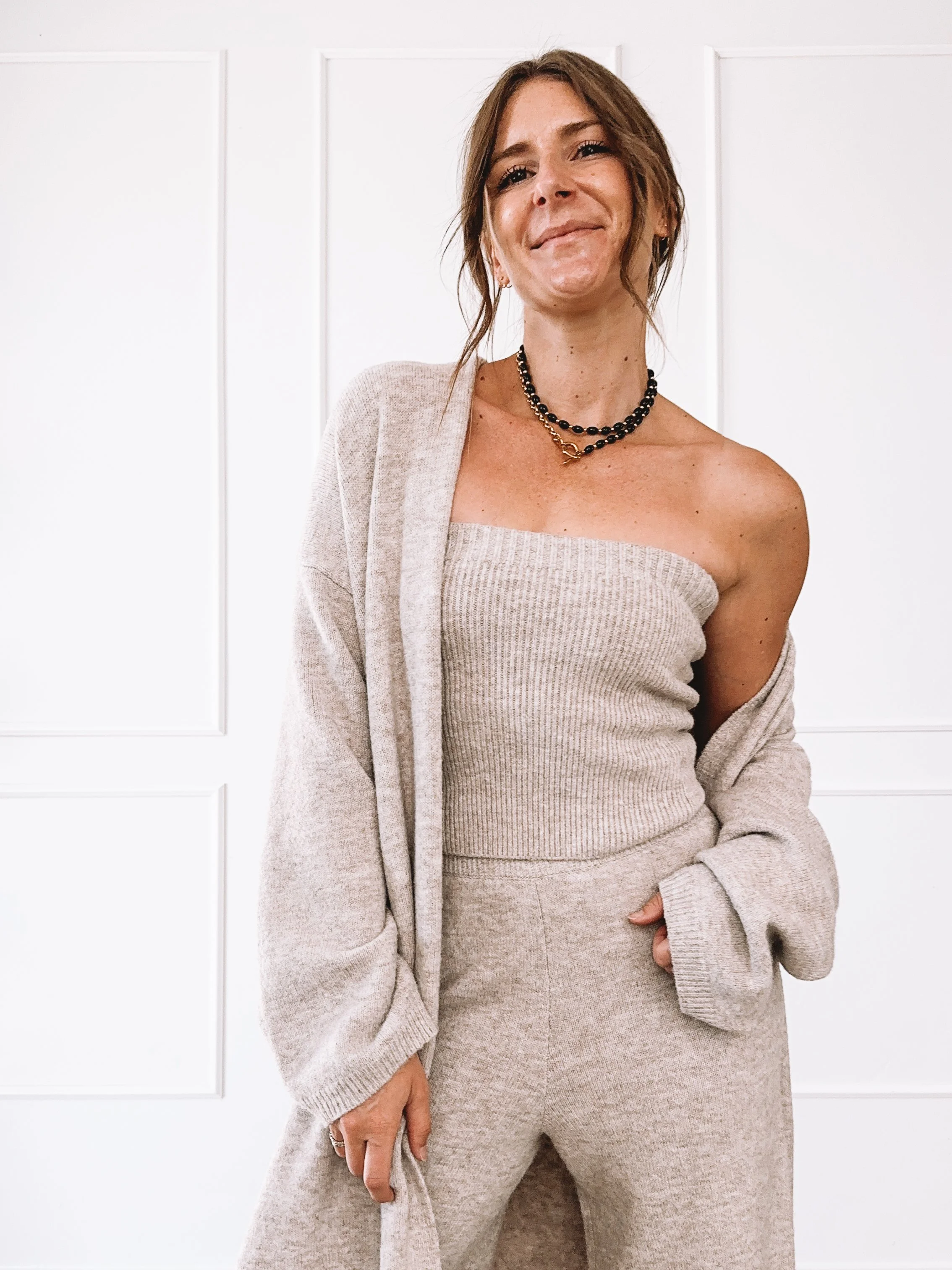 Heather gray knit lounge set with duster cardigan