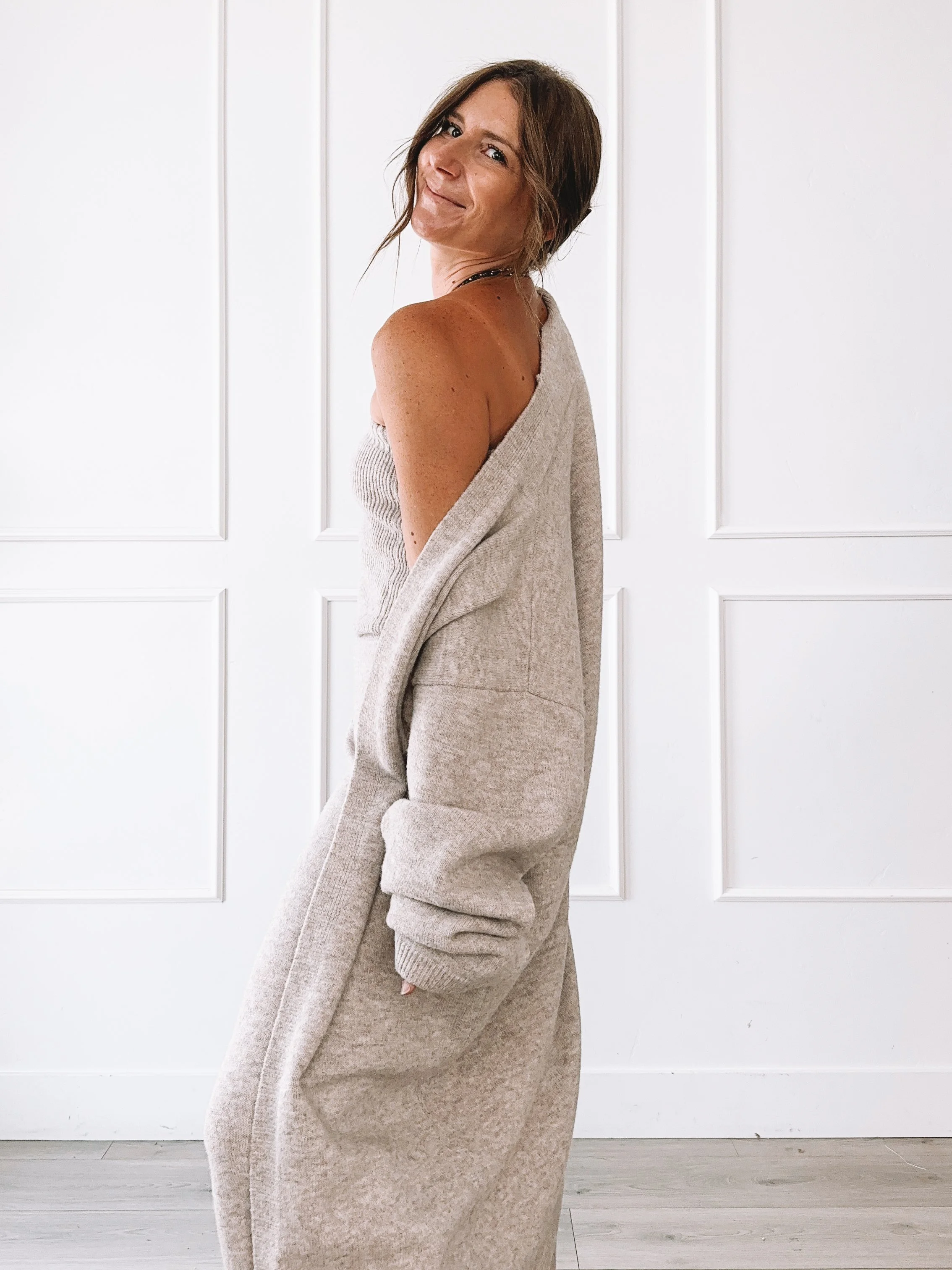 Heather gray knit lounge set with duster cardigan