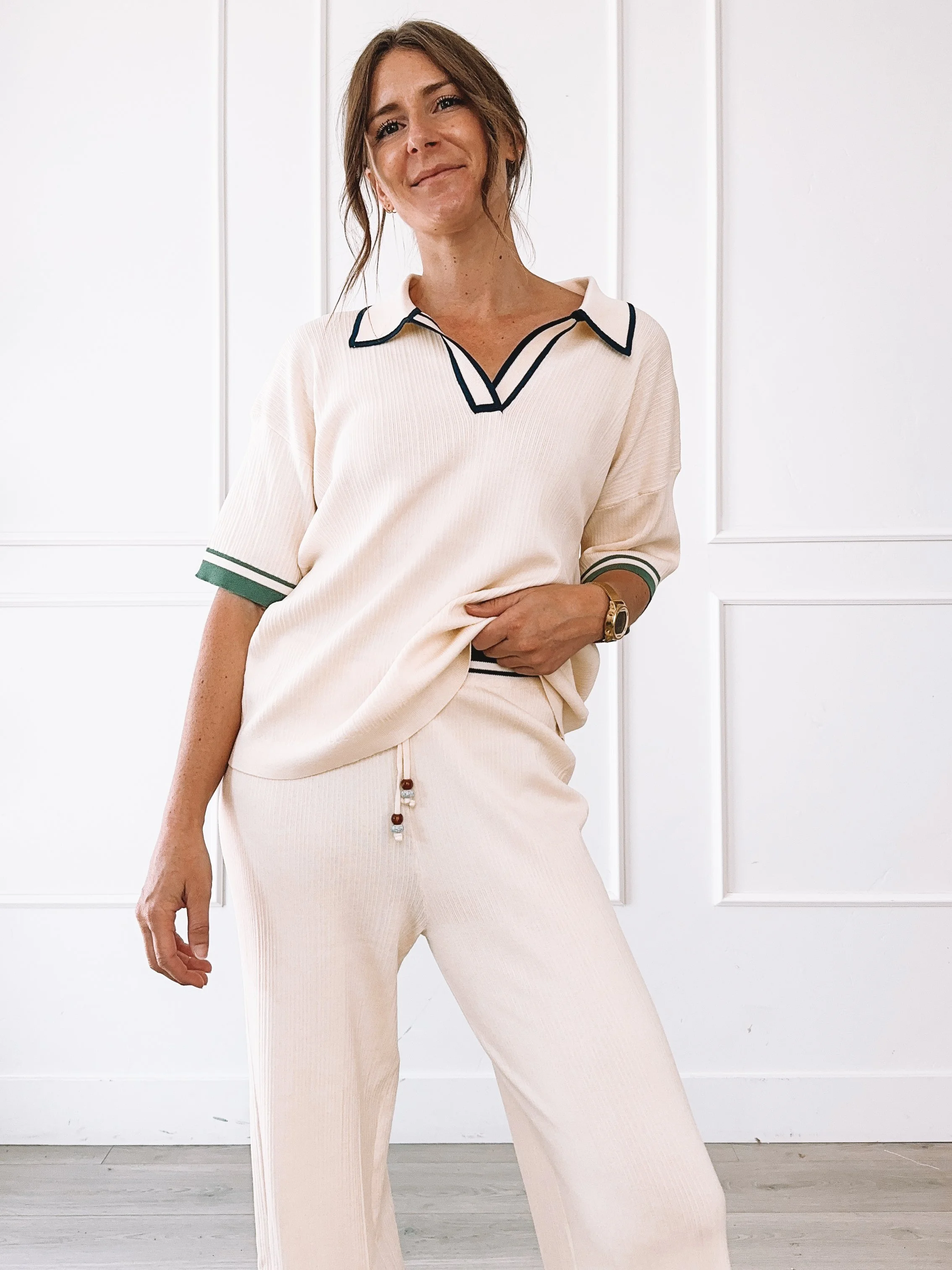 Cream ribbed knit polo set fall outfit