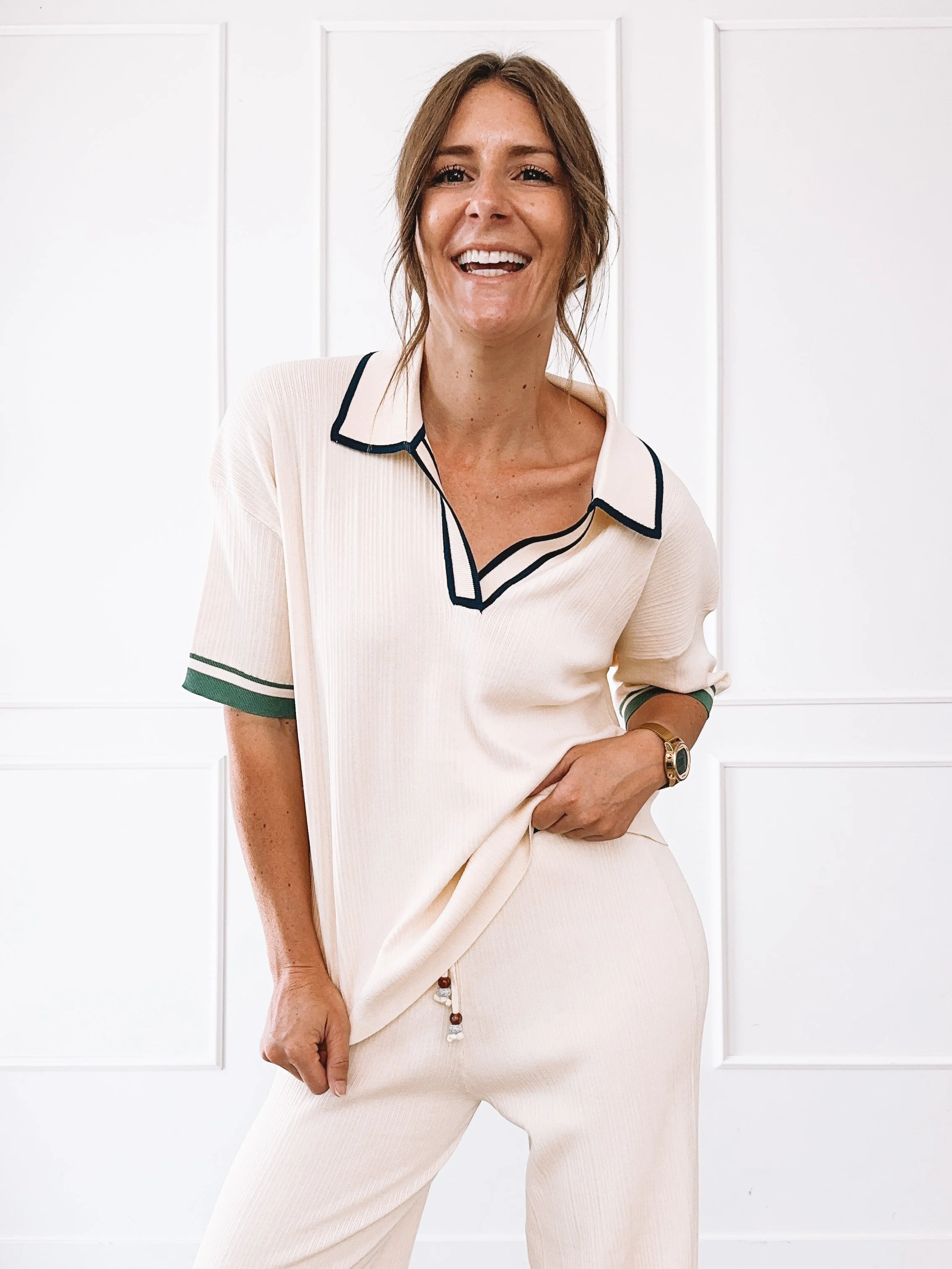 Cream ribbed knit polo set fall outfit