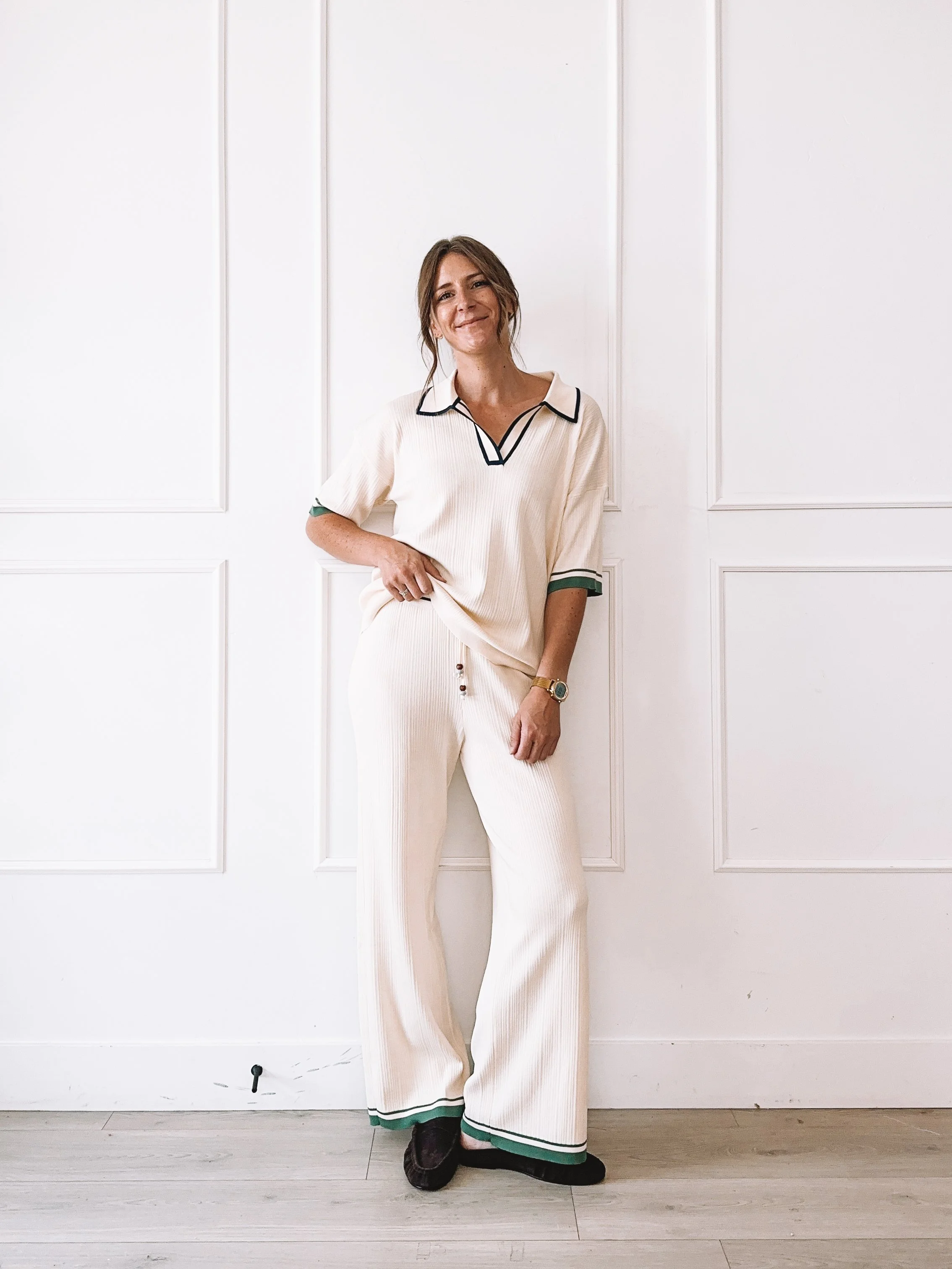 Cream ribbed knit polo set fall outfit