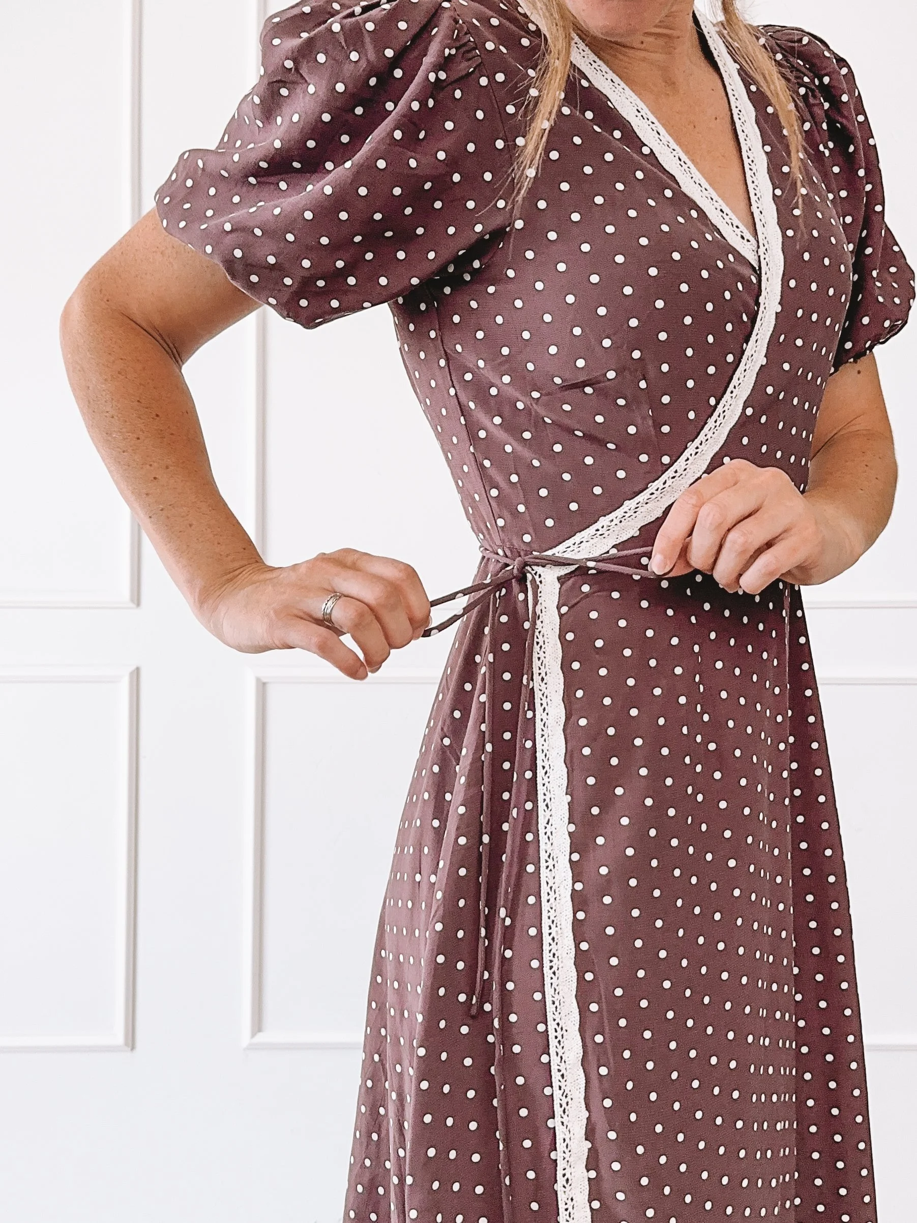 Polka Dot Wrap Dress Fall Outfit