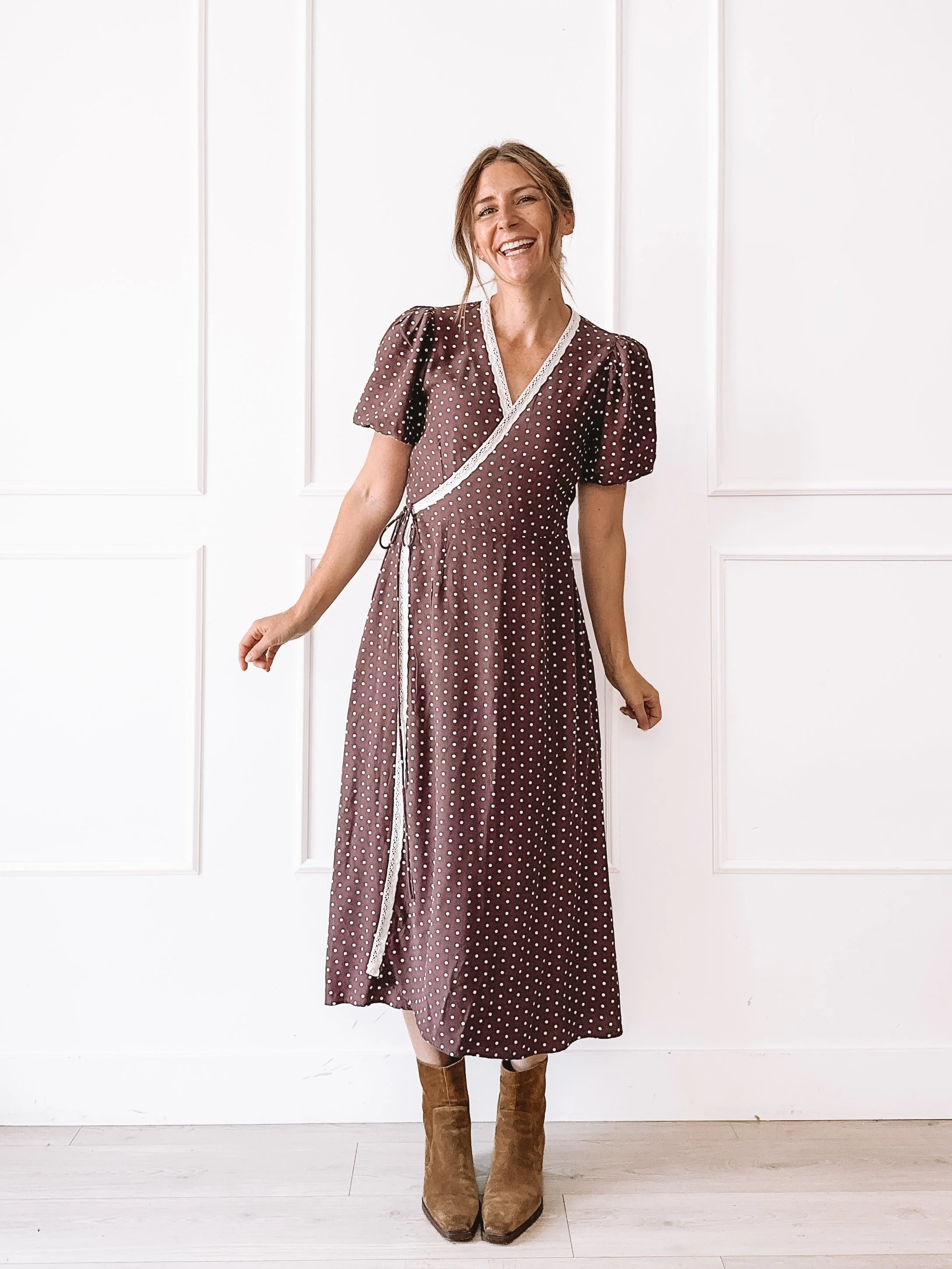 Polka Dot Wrap Dress Fall Outfit