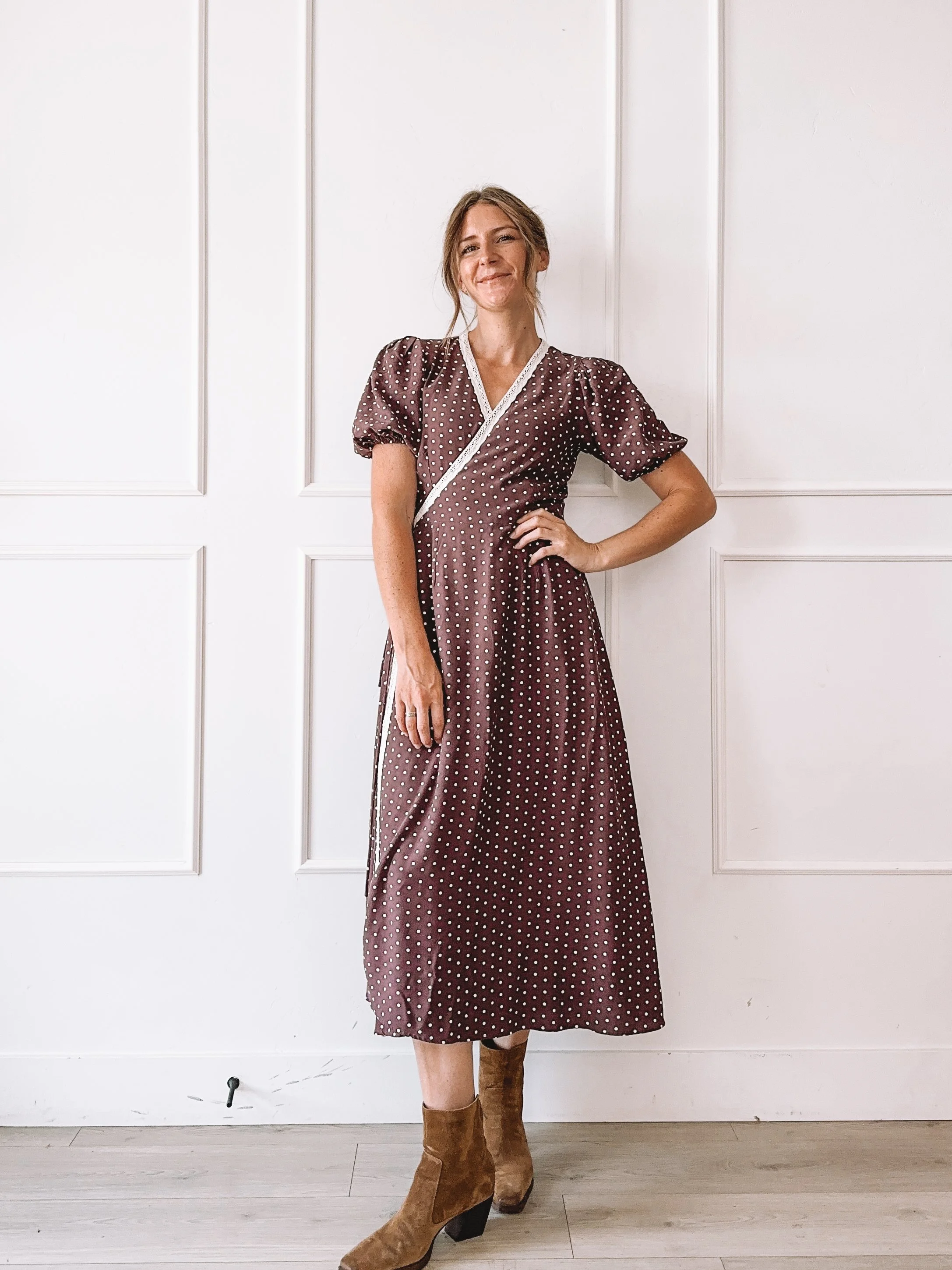Polka Dot Wrap Dress Fall Outfit
