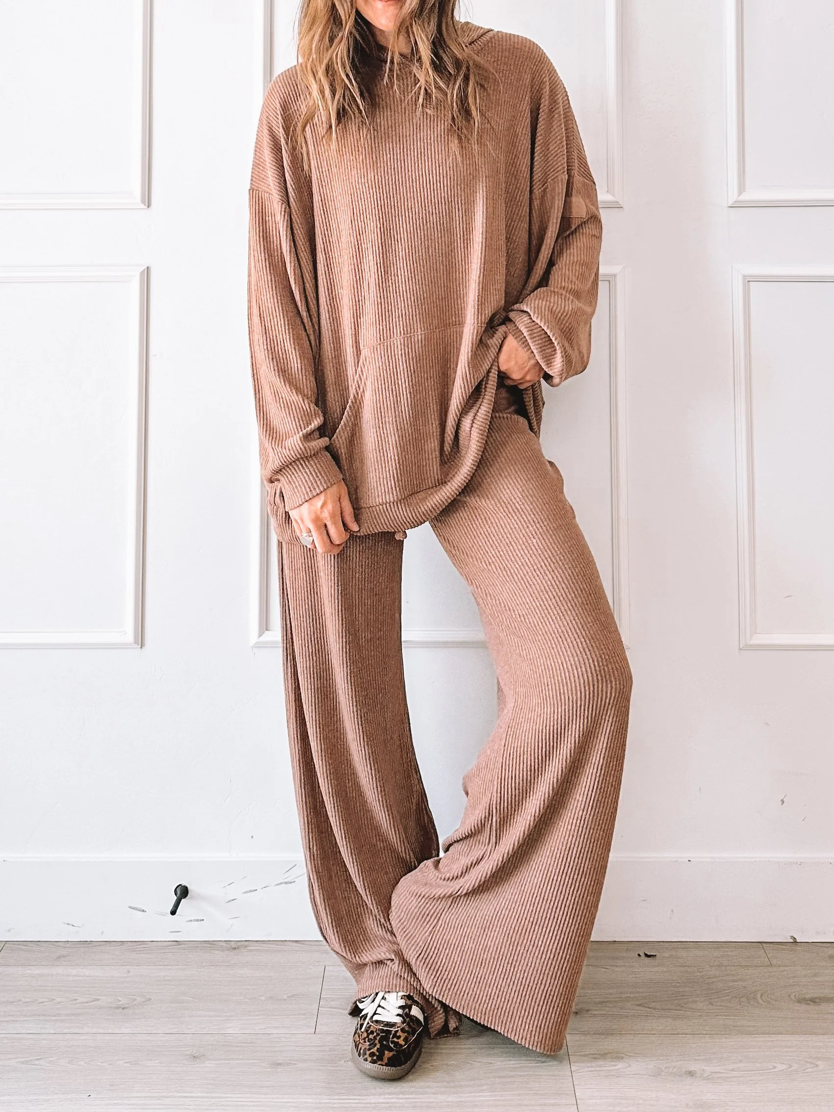 Oversized Ribbed Lounge Set With Wide Leg Pants